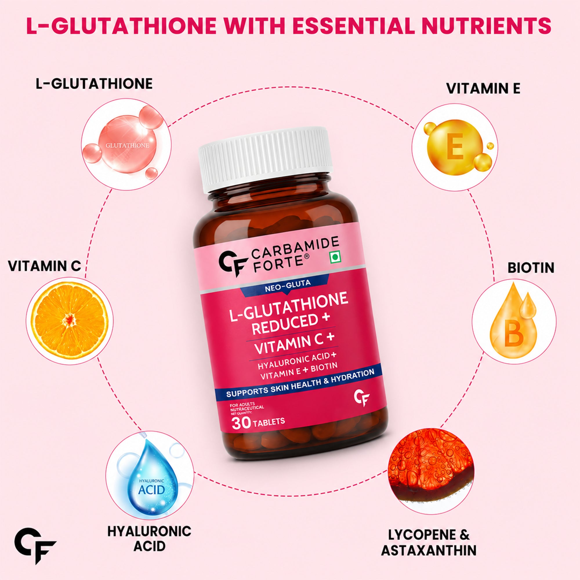 L-Glutathione 500mg with Hyaluronic Acid, Vitamin C, Biotin, Vitamin E, Astaxanthin & Lycopene | Skin Health, Hydration & Antioxidant Support | 30 Vegetarian Tablets