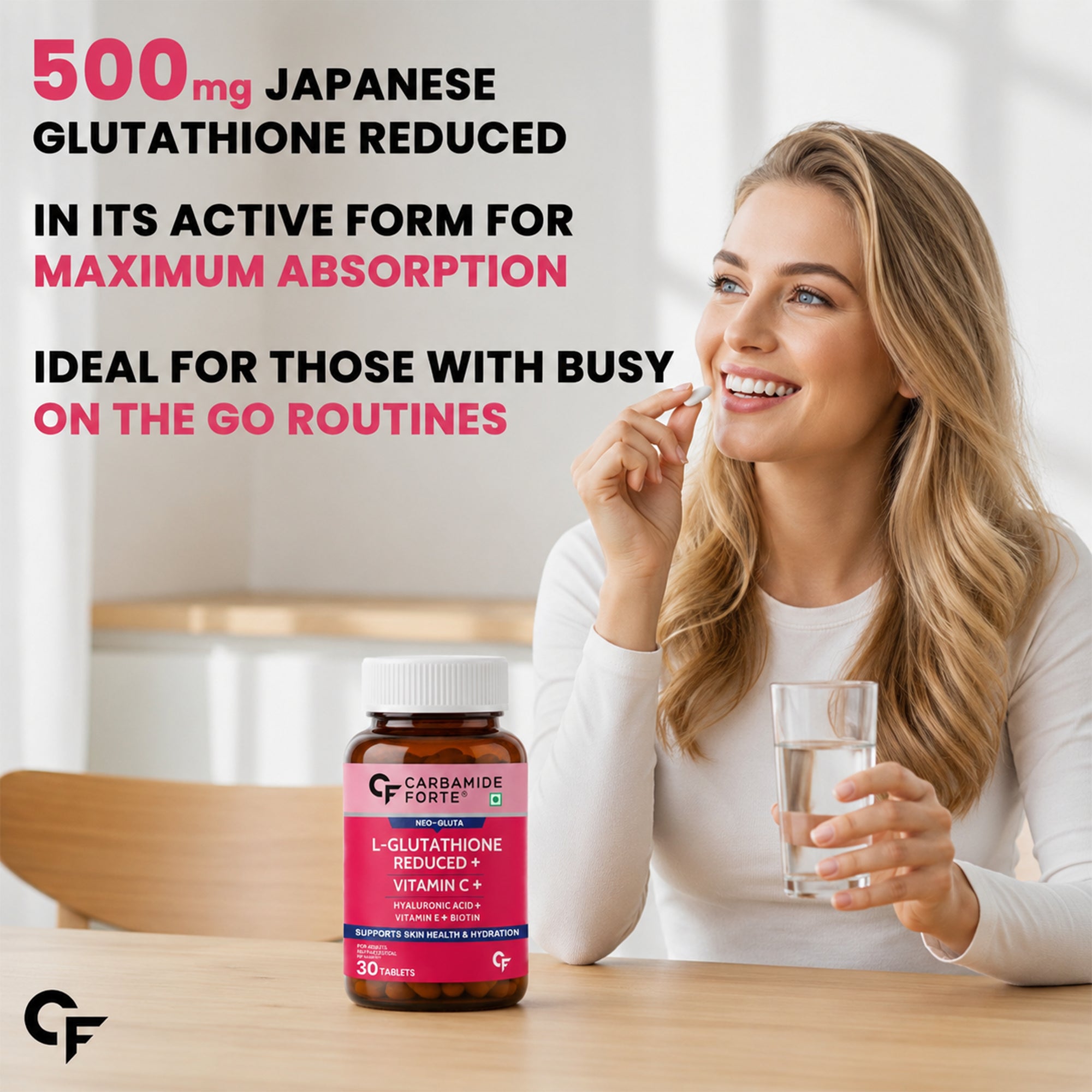 L-Glutathione 500mg with Hyaluronic Acid, Vitamin C, Biotin, Vitamin E, Astaxanthin & Lycopene | Skin Health, Hydration & Antioxidant Support | 30 Vegetarian Tablets
