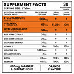 L-Glutathione 600mg Effervescent Tablets with Vitamin C, Hyaluronic Acid, Biotin & Antioxidants | Orange Flavour | 30 Tablets