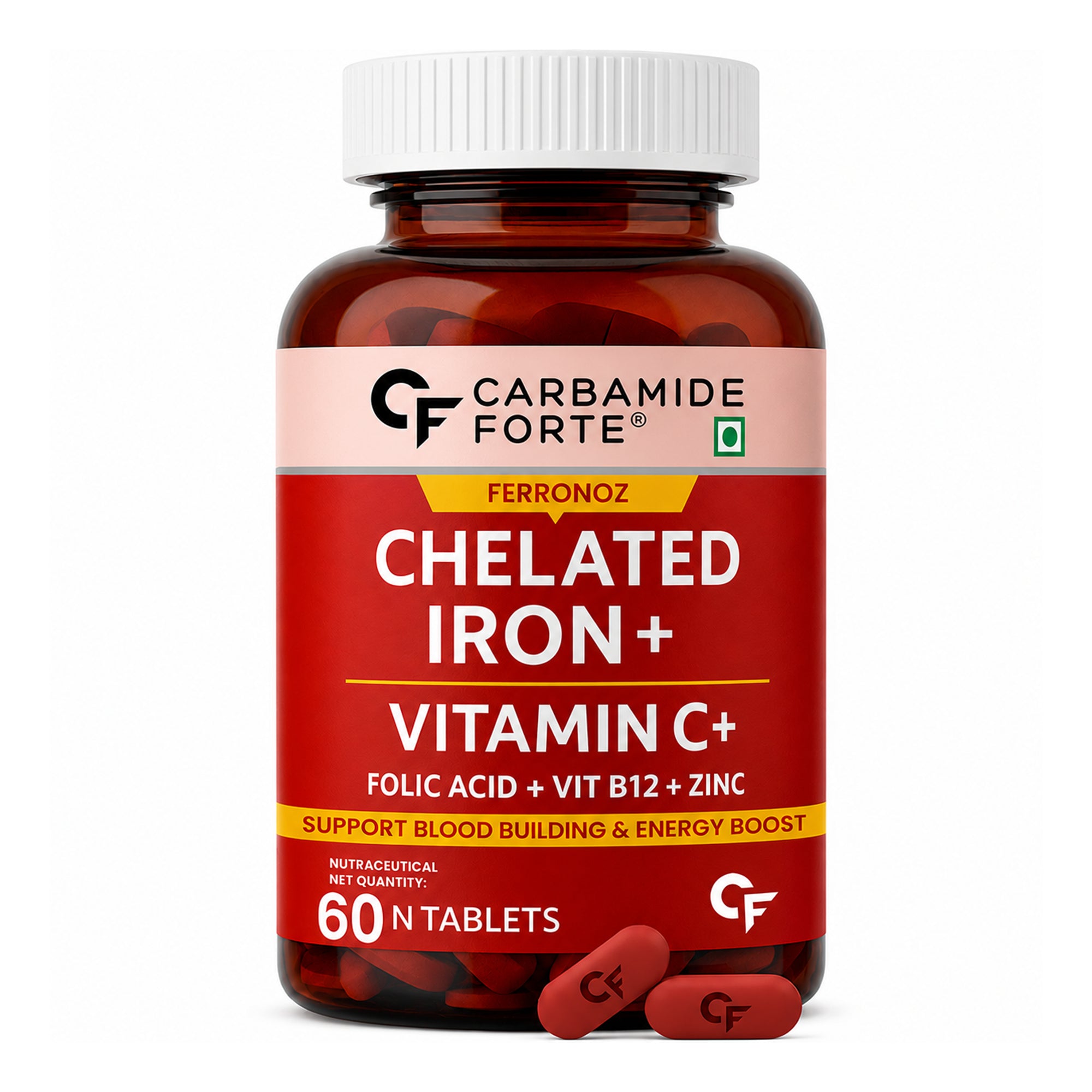 Chelated Iron Tablets with Vitamin C, Zinc, Folic Acid & Vitamin B12 | 29mg Ferrous Bisglycinate Iron Supplement | Energy & Blood Health Support | Vegetarian | 60 Tablets