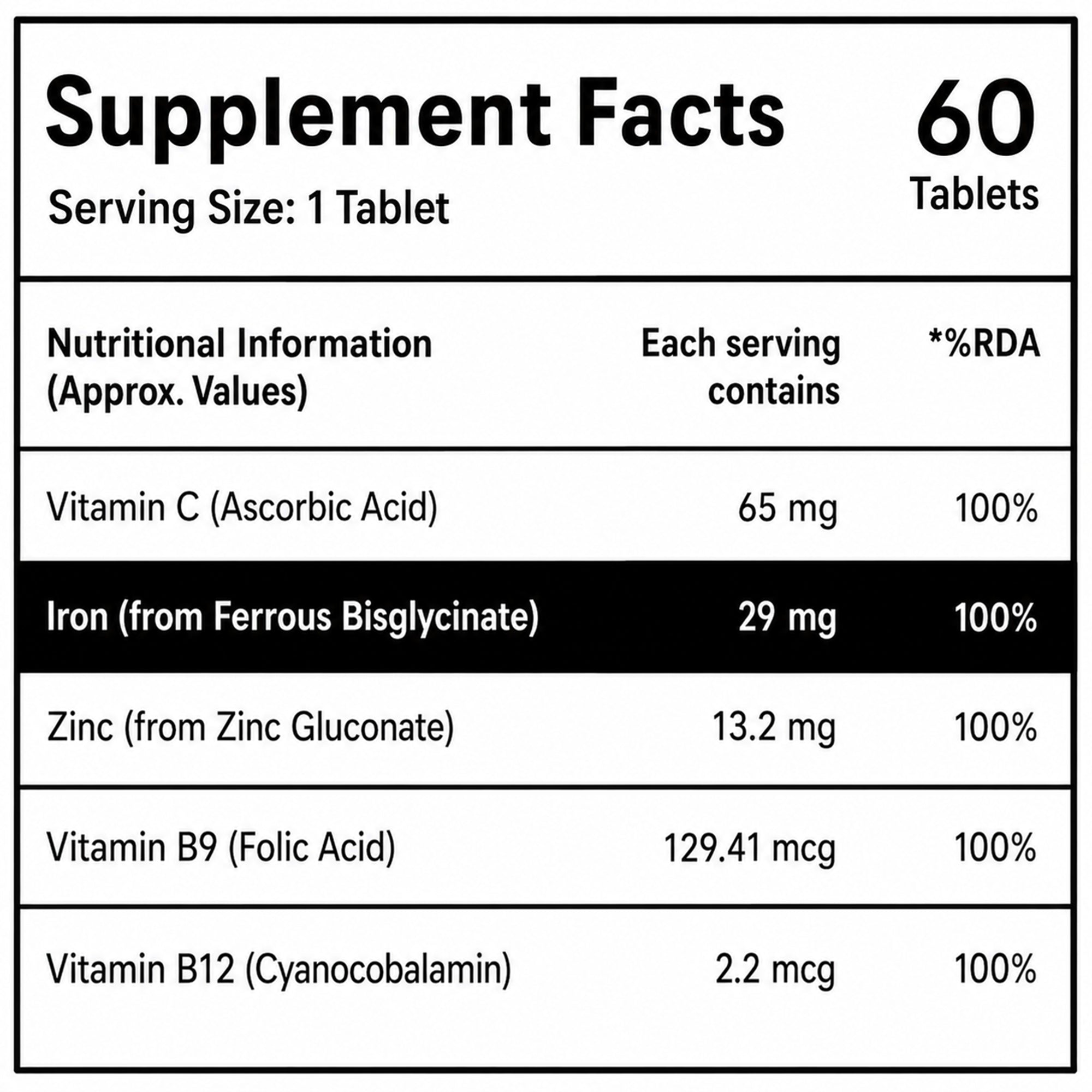 Chelated Iron Tablets with Vitamin C, Zinc, Folic Acid & Vitamin B12 | 29mg Ferrous Bisglycinate Iron Supplement | Energy & Blood Health Support | Vegetarian | 60 Tablets