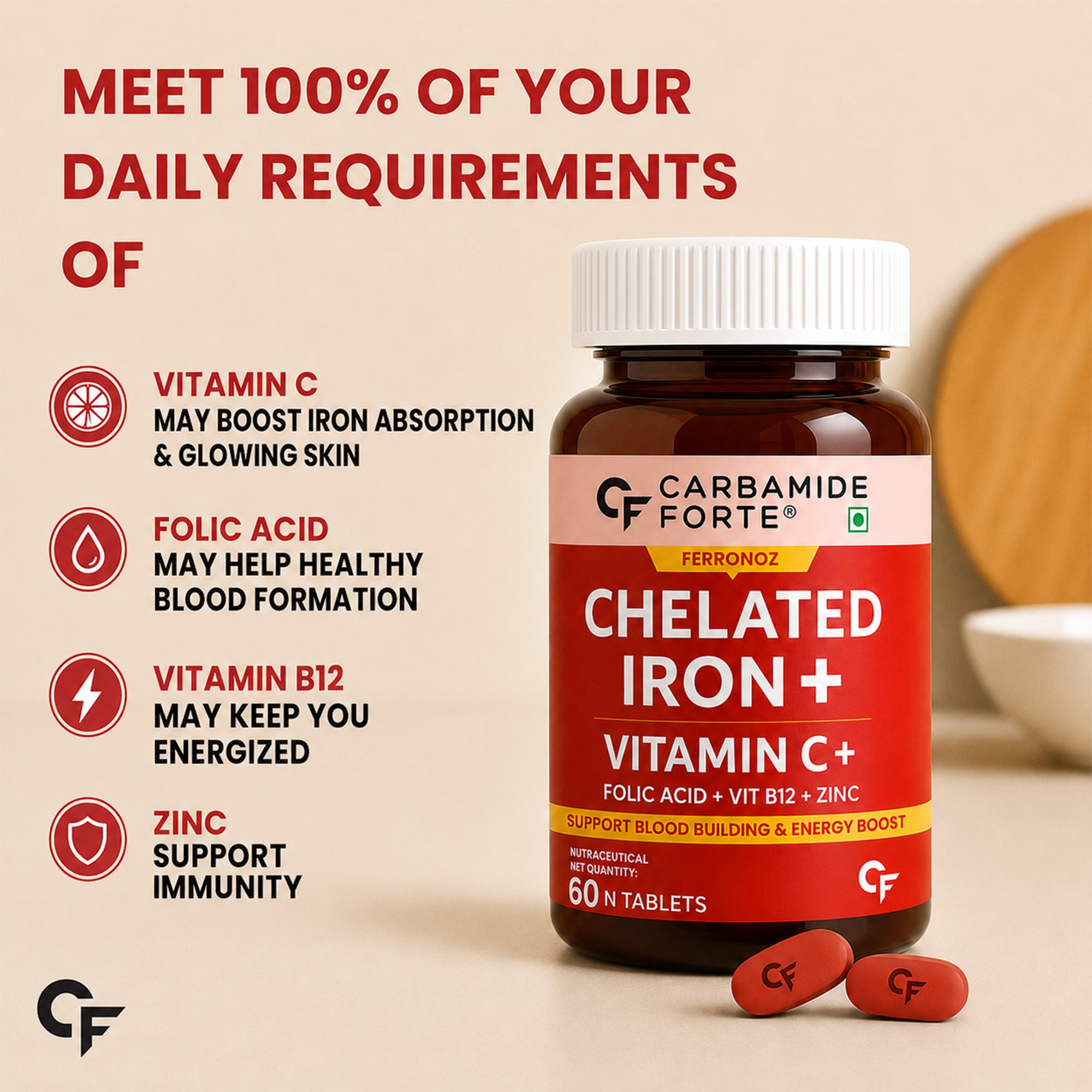 Chelated Iron Tablets with Vitamin C, Zinc, Folic Acid & Vitamin B12 | 29mg Ferrous Bisglycinate Iron Supplement | Energy & Blood Health Support | Vegetarian | 60 Tablets