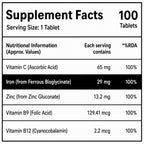 Chelated Iron Tablets with Vitamin C, Zinc, Folic Acid & Vitamin B12 | 29mg Ferrous Bisglycinate Iron Supplement | Energy & Blood Health Support | Vegetarian | 100 Tablets