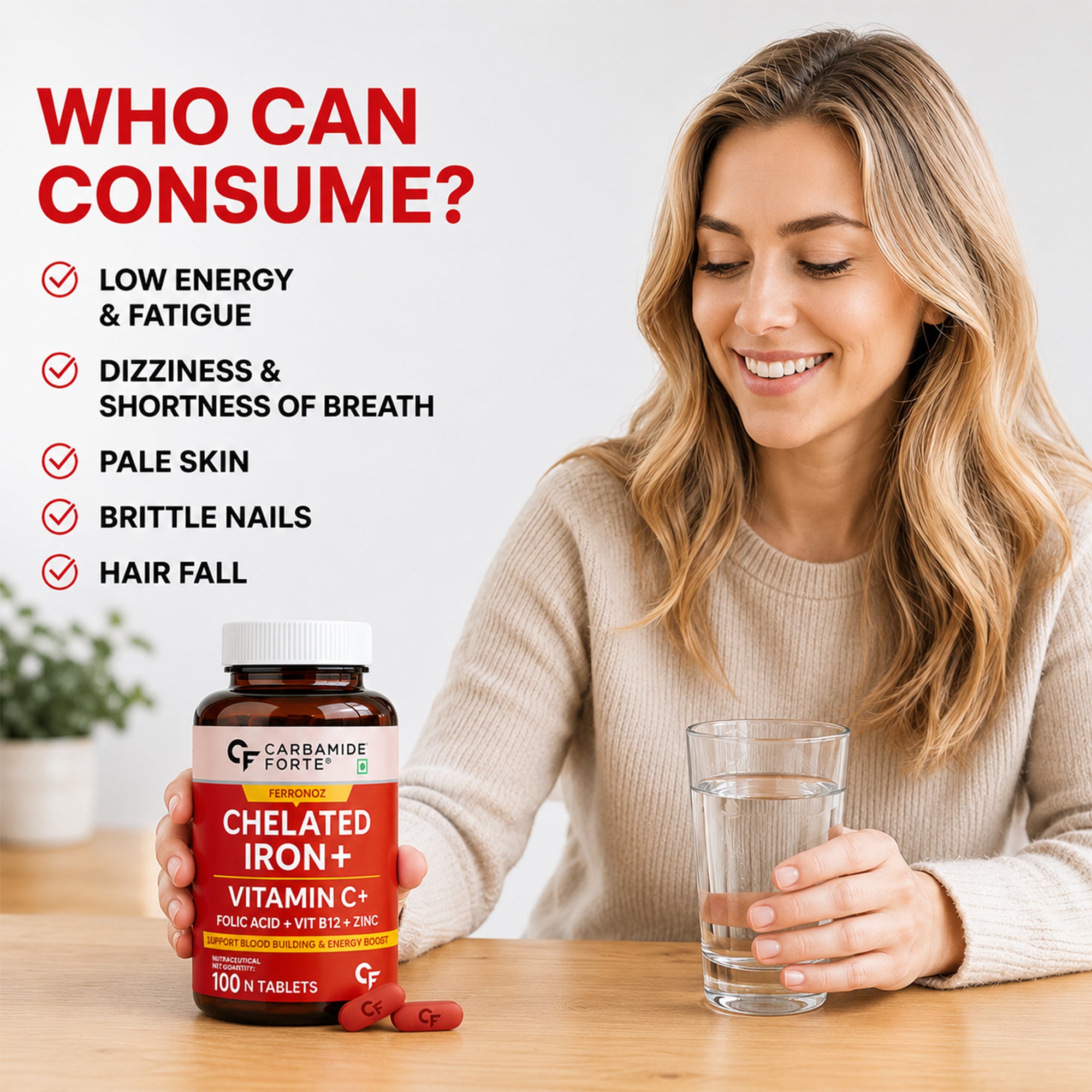 Chelated Iron Tablets with Vitamin C, Zinc, Folic Acid & Vitamin B12 | 29mg Ferrous Bisglycinate Iron Supplement | Energy & Blood Health Support | Vegetarian | 100 Tablets