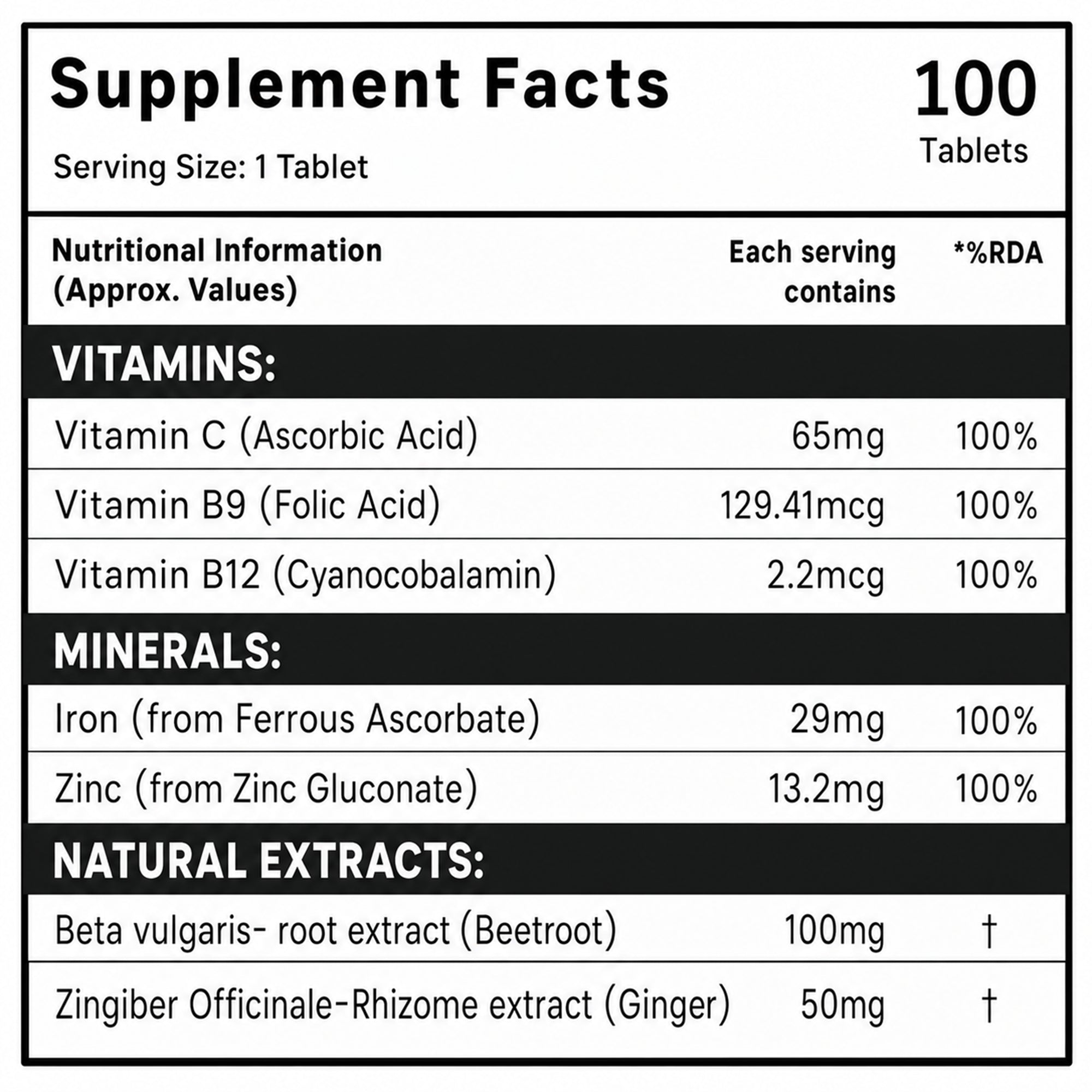 Iron + Vitamin C Tablets with Zinc, Vitamin B12, Folic Acid, Beetroot & Ginger | 100 Tablets | 100-Day Supply | Daily Iron Supplement for Energy & Immune Support