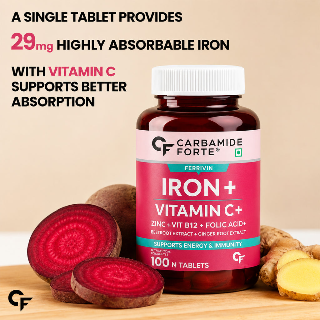 Iron + Vitamin C Tablets with Zinc, Vitamin B12, Folic Acid, Beetroot & Ginger | 100 Tablets | 100-Day Supply | Daily Iron Supplement for Energy & Immune Support