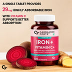Iron + Vitamin C Tablets with Zinc, Vitamin B12, Folic Acid, Beetroot & Ginger | 100 Tablets | 100-Day Supply | Daily Iron Supplement for Energy & Immune Support