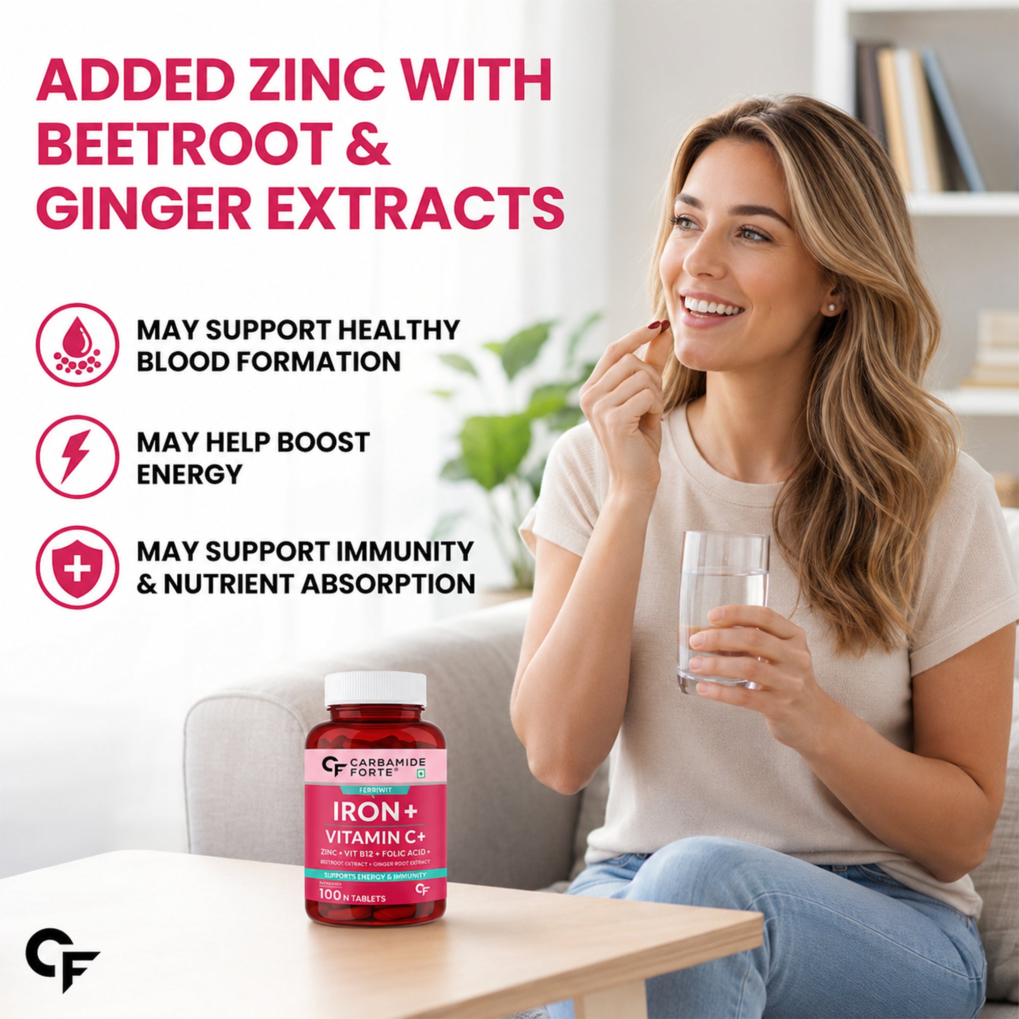 Iron + Vitamin C Tablets with Zinc, Vitamin B12, Folic Acid, Beetroot & Ginger | 100 Tablets | 100-Day Supply | Daily Iron Supplement for Energy & Immune Support