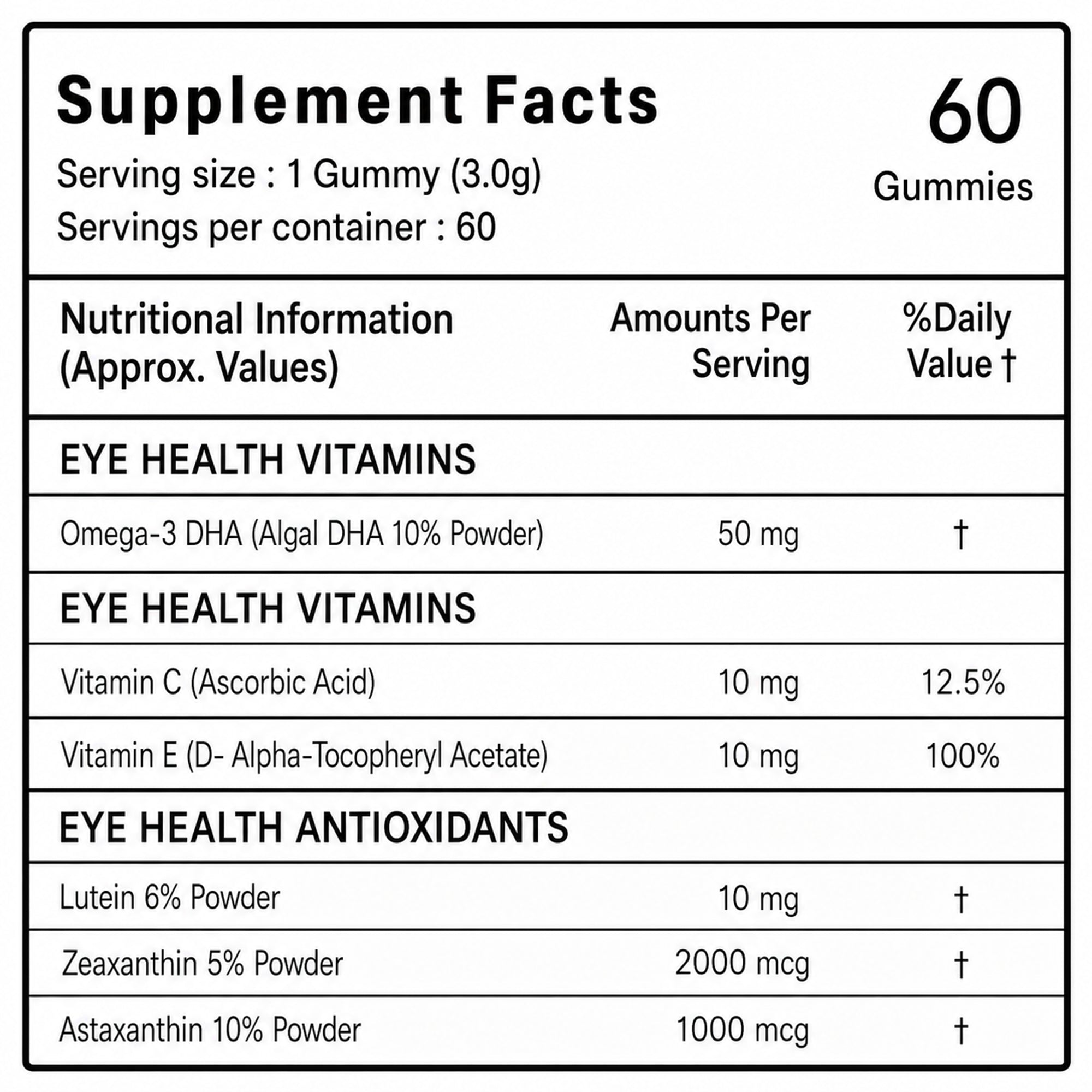 Eye Care Gummies with Lutein, Zeaxanthin, Astaxanthin, Omega-3 DHA, Vitamin C & E | Vision Support Supplement | No Added Sugar | Vegetarian | 60 Gummies