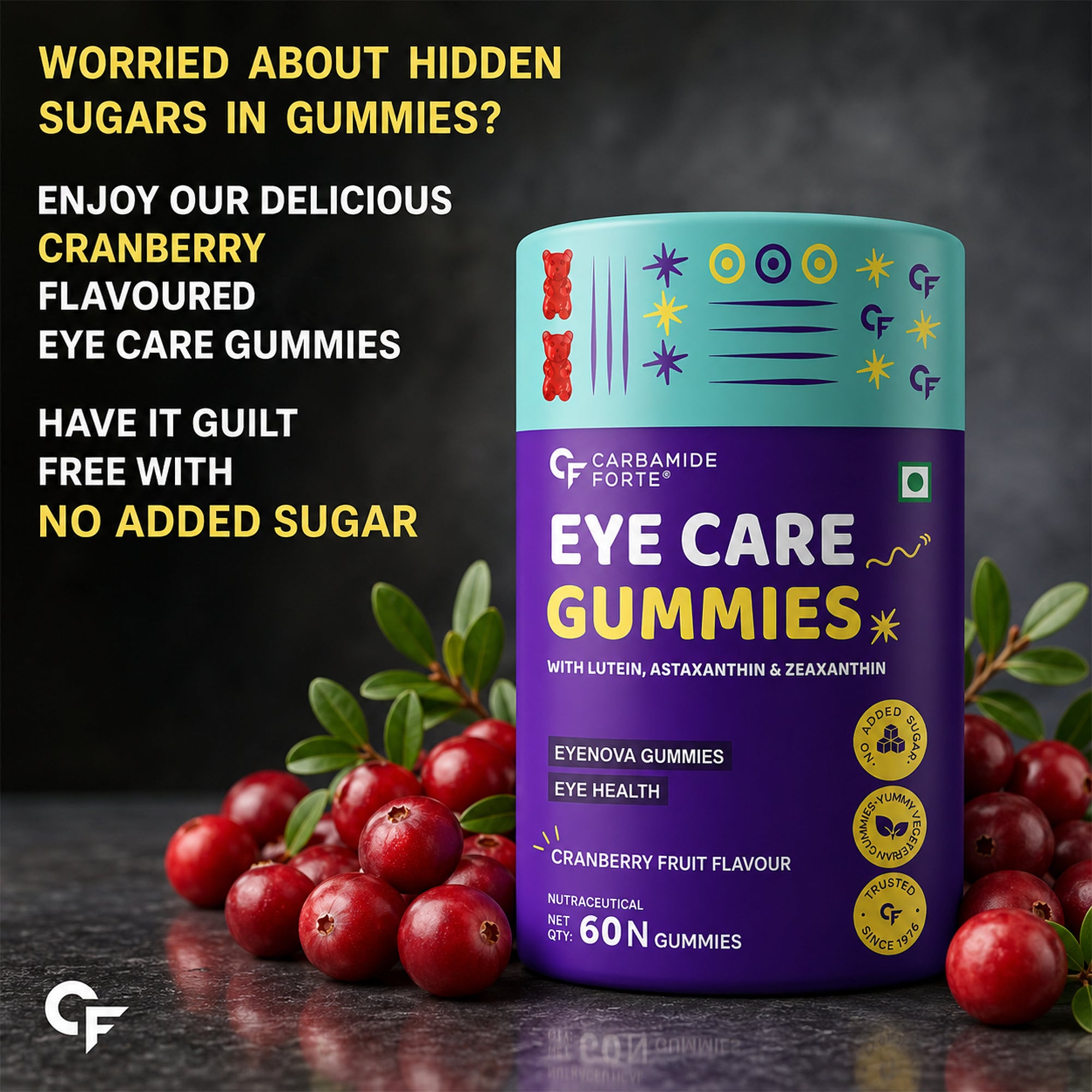 Eye Care Gummies with Lutein, Zeaxanthin, Astaxanthin, Omega-3 DHA, Vitamin C & E | Vision Support Supplement | No Added Sugar | Vegetarian | 60 Gummies
