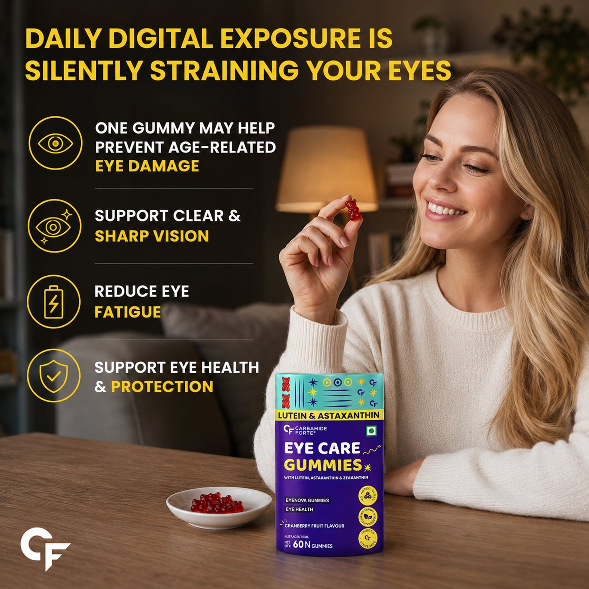 Eye Care Gummies with Lutein, Zeaxanthin, Astaxanthin, Omega-3 DHA, Vitamin C & E | Vision Support Supplement | No Added Sugar | Vegetarian | 60 Gummies