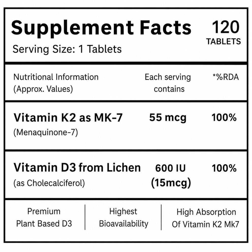 Vitamin D3 + K2 MK-7 Tablets 120 Count | Plant-Based Lichen Vitamin D3 600 IU | 55 mcg Vitamin K2 | Bone & Immune Support | 4 Month Supply | Vegetarian Supplement