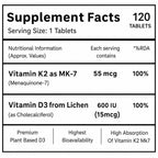 Vitamin D3 + K2 MK-7 Tablets 120 Count | Plant-Based Lichen Vitamin D3 600 IU | 55 mcg Vitamin K2 | Bone & Immune Support | 4 Month Supply | Vegetarian Supplement