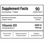 Vitamin D3 2000 IU (50 mcg) Chewable Tablets - Raspberry Flavour | 90 Tablets | Cholecalciferol | Pharma Grade Vitamin D3 Supplement