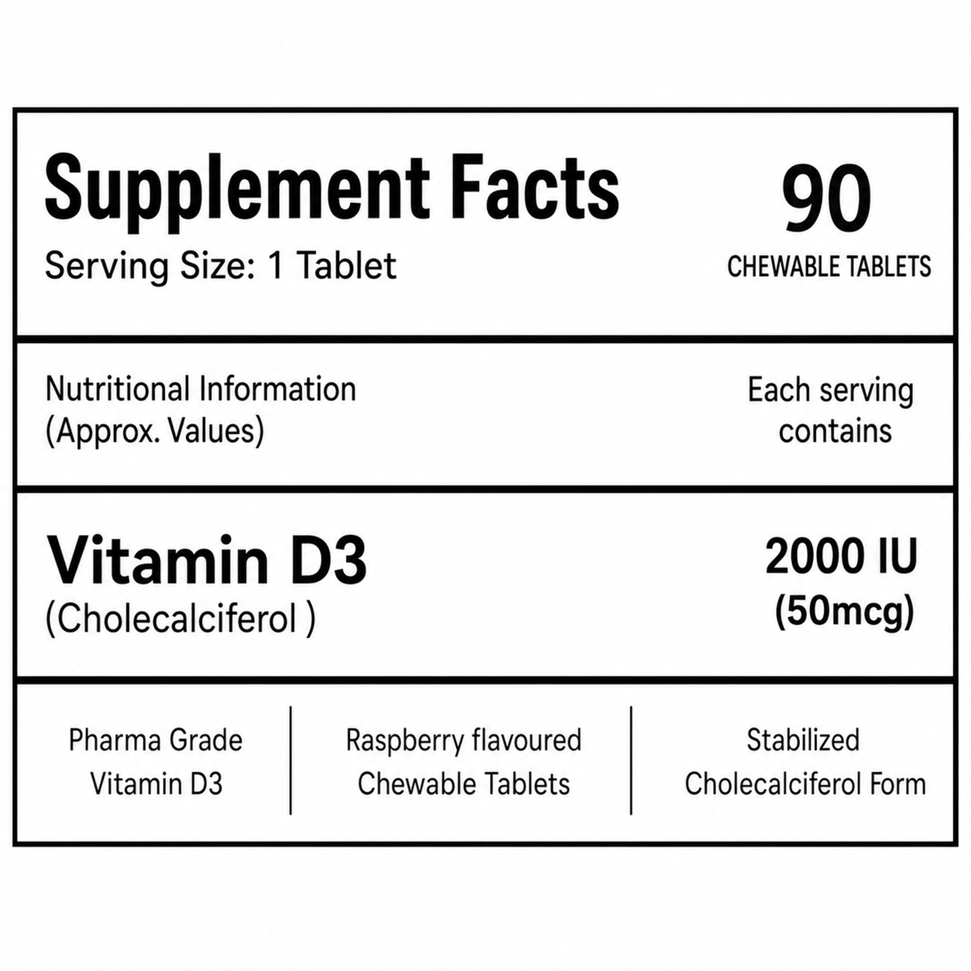 Vitamin D3 2000 IU (50 mcg) Chewable Tablets - Raspberry Flavour | 90 Tablets | Cholecalciferol | Pharma Grade Vitamin D3 Supplement