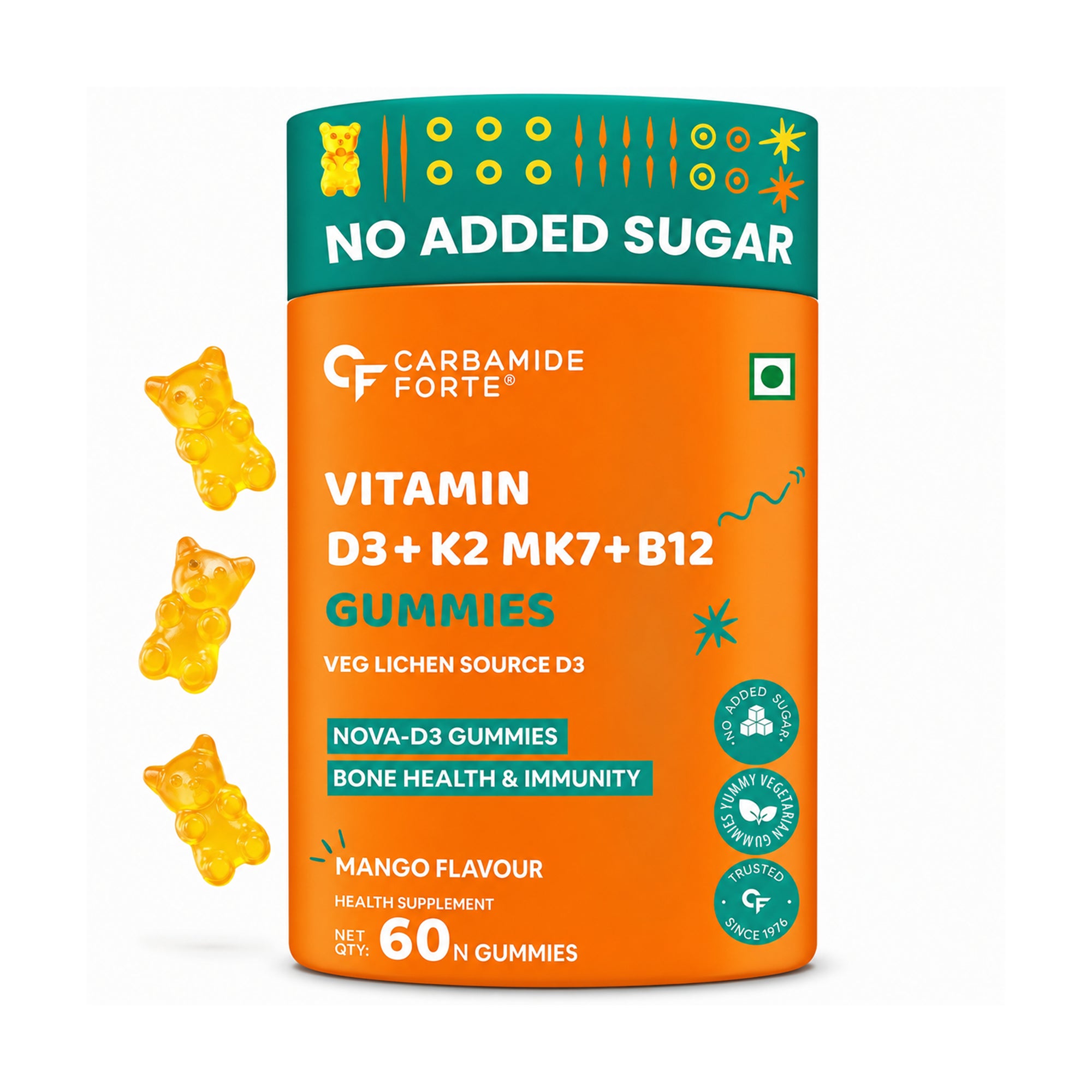 Vitamin D3 + K2 MK7 + B12 Gummies 60 Count | Veg Lichen Vitamin D3 600 IU | No Added Sugar | Bone & Immune Support | Mango Flavour | Vegetarian