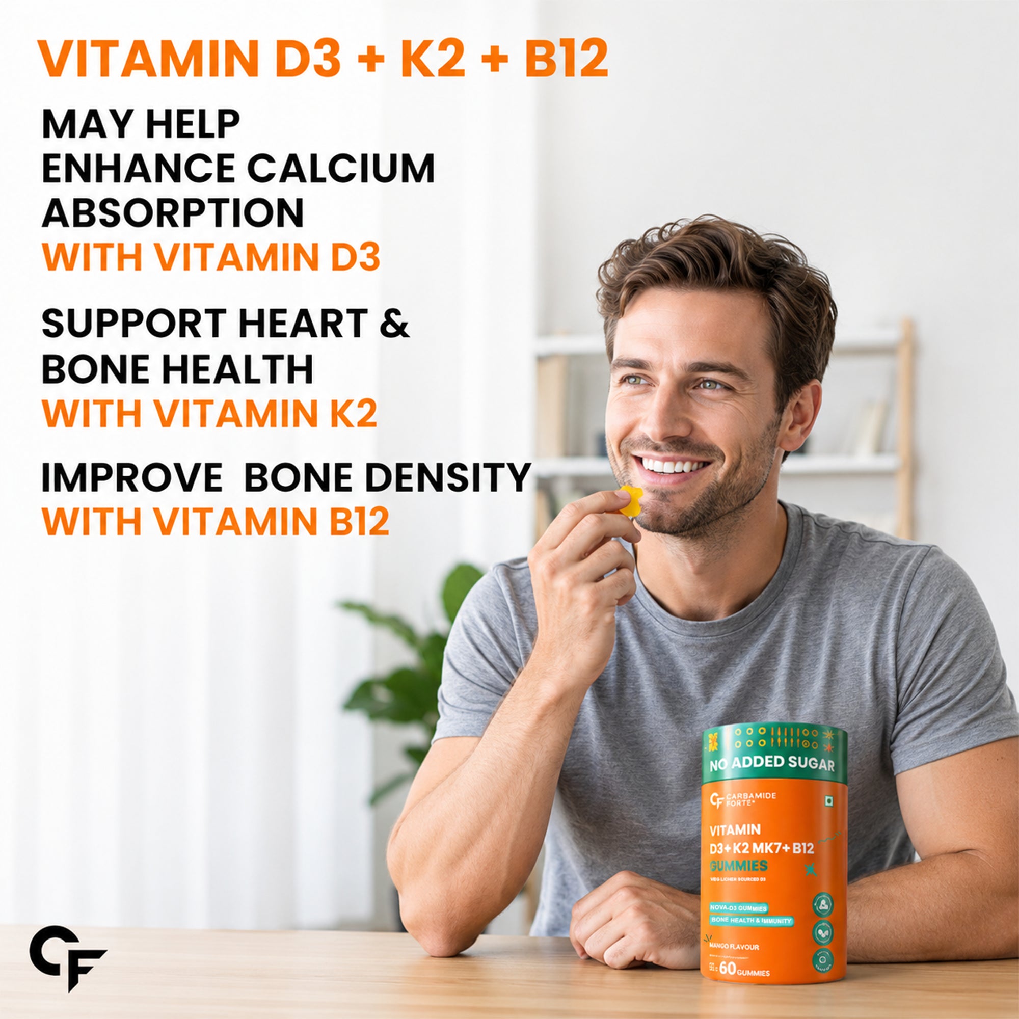 Vitamin D3 + K2 MK7 + B12 Gummies 60 Count | Veg Lichen Vitamin D3 600 IU | No Added Sugar | Bone & Immune Support | Mango Flavour | Vegetarian