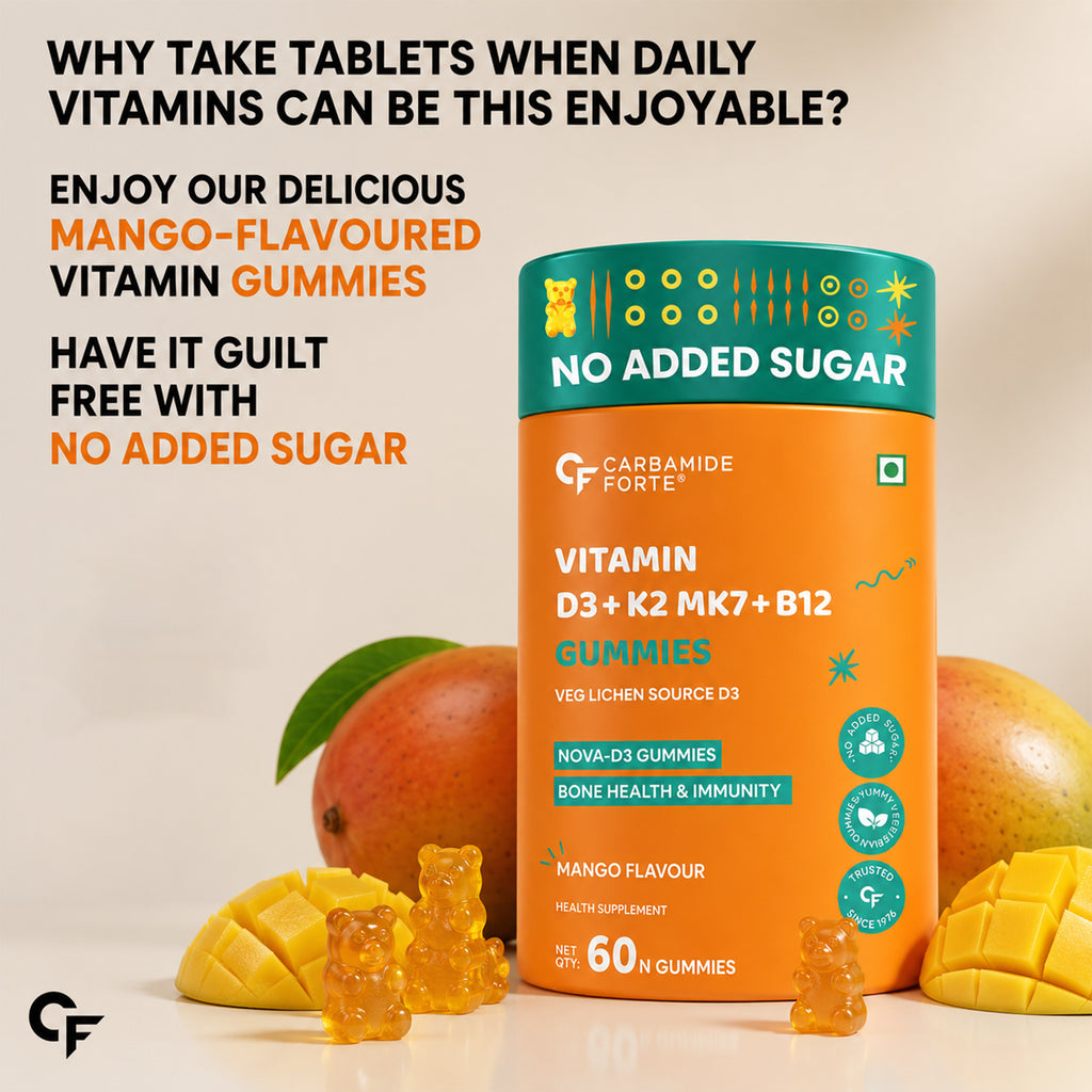 Vitamin D3 + K2 MK7 + B12 Gummies 60 Count | Veg Lichen Vitamin D3 600 IU | No Added Sugar | Bone & Immune Support | Mango Flavour | Vegetarian