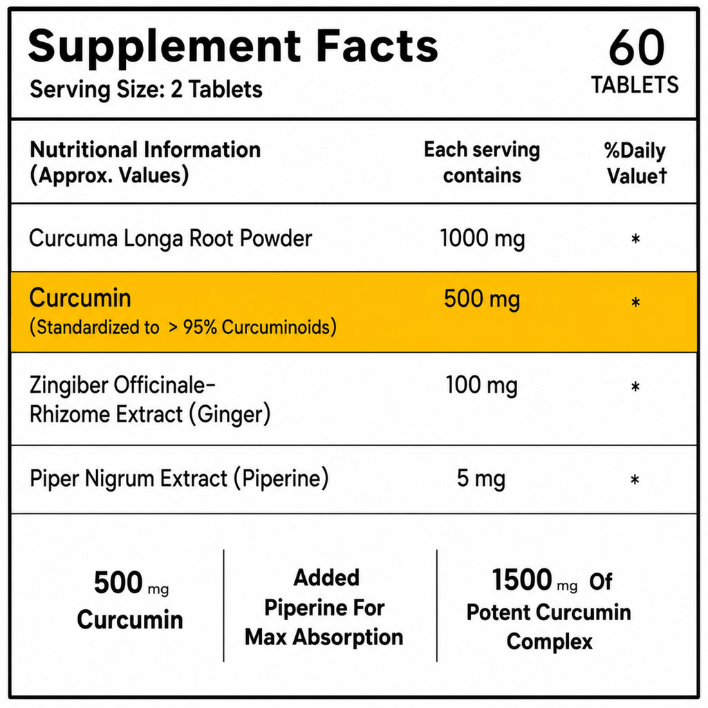 Curcuvon Curcumin 1500mg with 95% Curcuminoids, Piperine & Ginger Extract | Turmeric Supplement for Immunity & Antioxidant Support | 60 Tablets