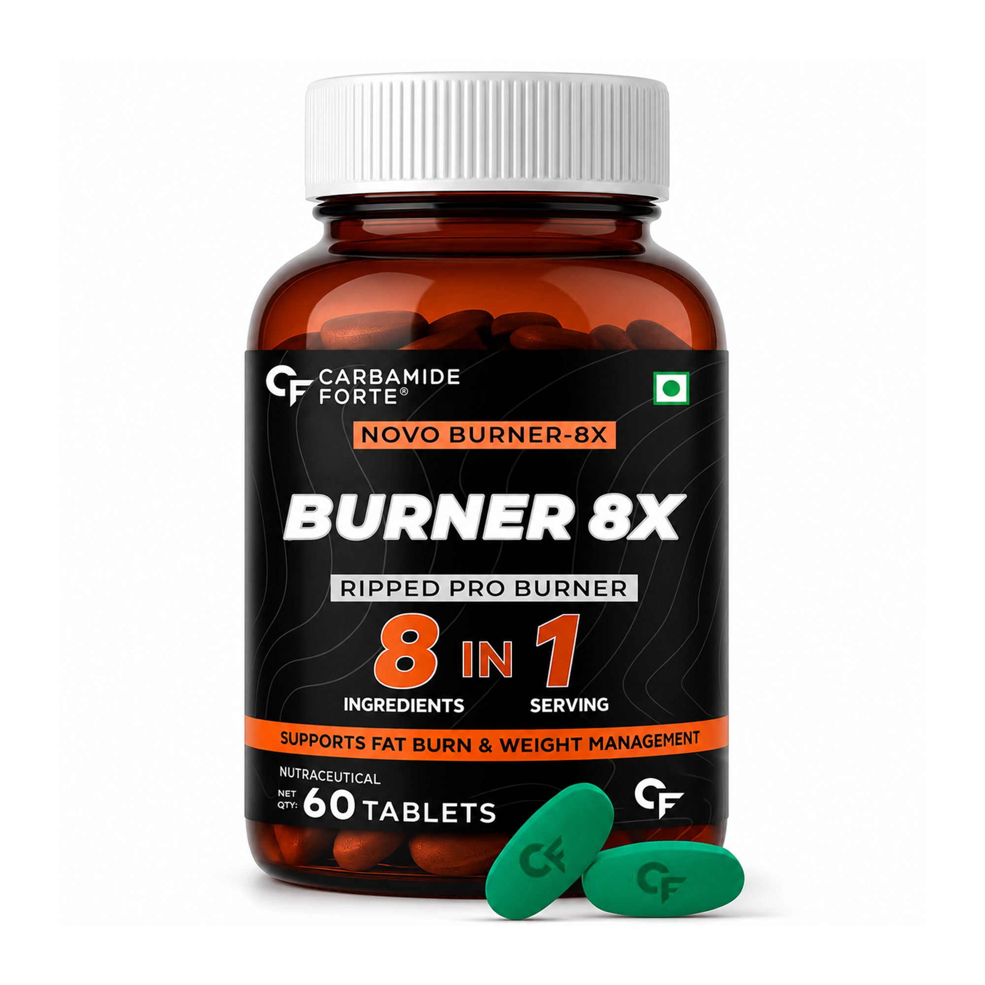 Burner 8X Weight Management Tablets | Garcinia Cambogia, Green Coffee Bean, Green Tea Extract, CLA & Chromium | Fat Burner Supplement | 60 Vegetarian Tablets