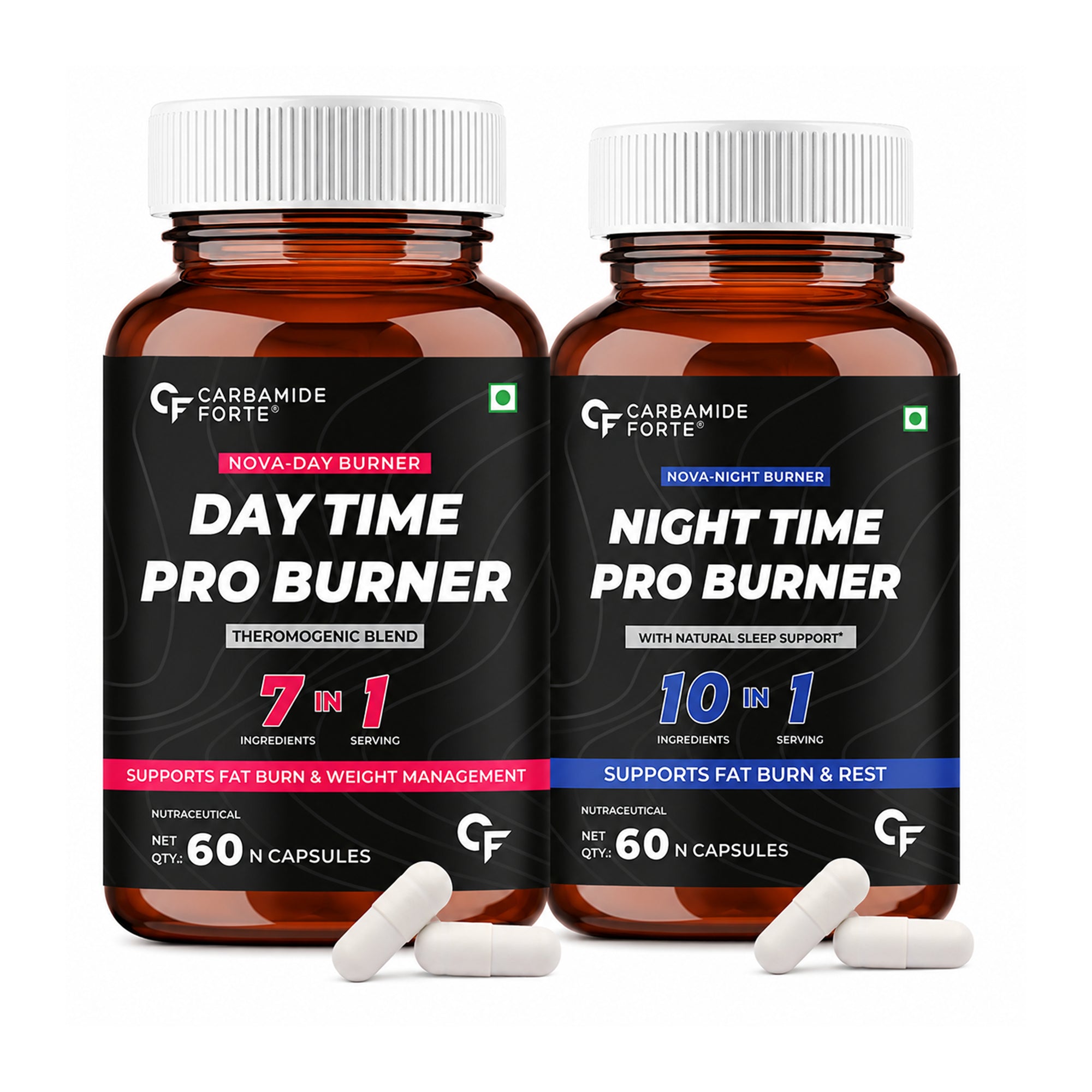 Day & Night Fat Burner Capsules for Women & Men | Weight Management Supplement | L-Carnitine, Green Tea, Garcinia Cambogia, Melatonin | 60 + 60 Vegetarian Capsules