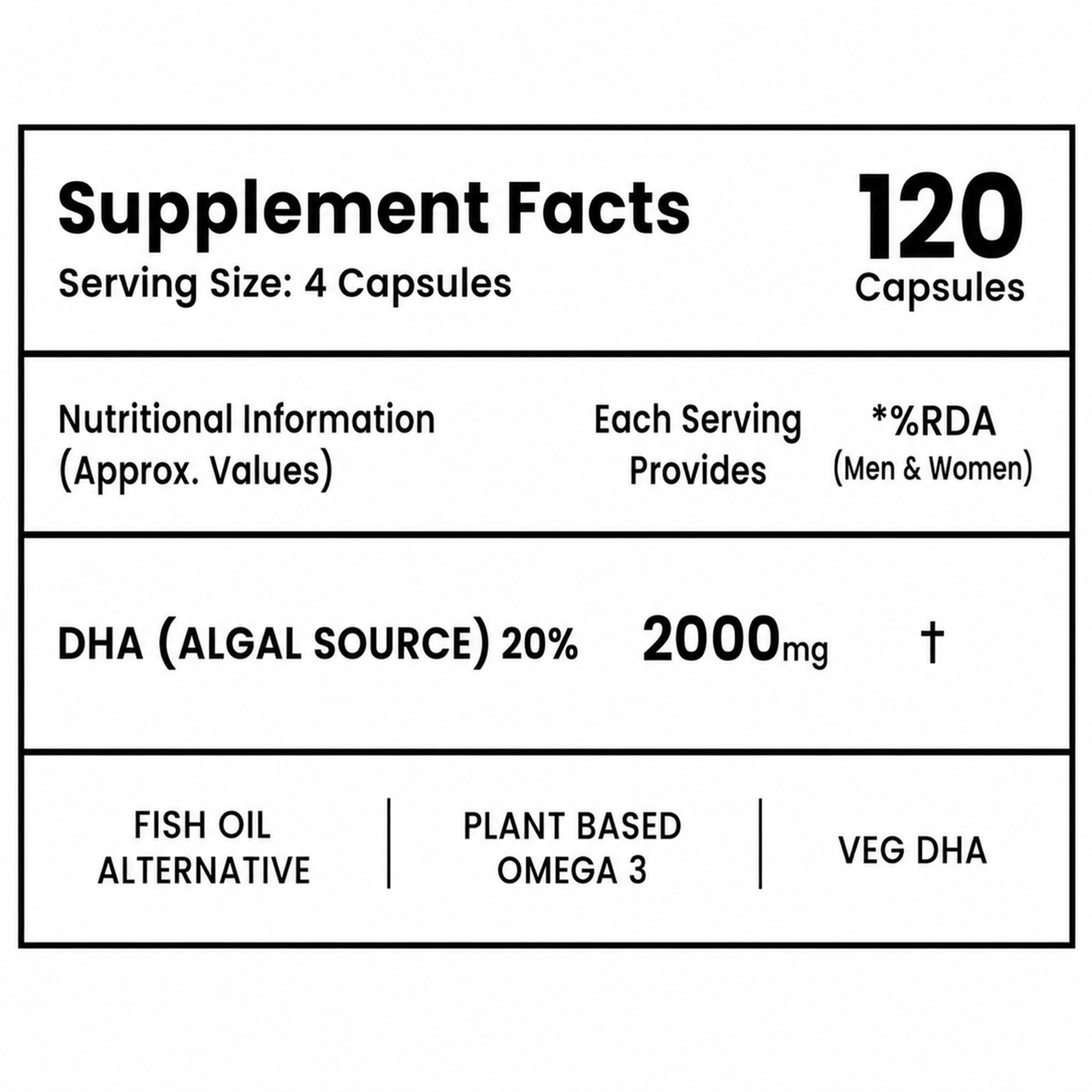 Vegetarian Omega 3 DHA 2000mg Capsules | Plant-Based Algal Oil Supplement | Vegan Fish Oil Alternative | Supports Brain, Heart, Joint & Immune Health | 120 Liquid-Filled Capsules
