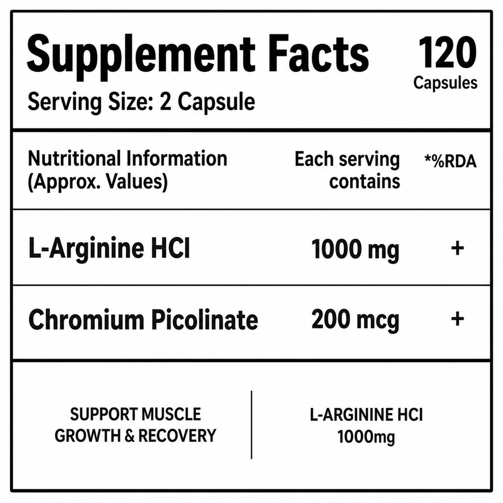 L-Arginine HCl 1000mg with Chromium Picolinate | Extra Strength Nitric Oxide & Endurance Support | Muscle Recovery & Energy | 120 Vegetarian Capsules