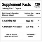 L-Arginine HCl 1000mg with Chromium Picolinate | Extra Strength Nitric Oxide & Endurance Support | Muscle Recovery & Energy | 120 Vegetarian Capsules