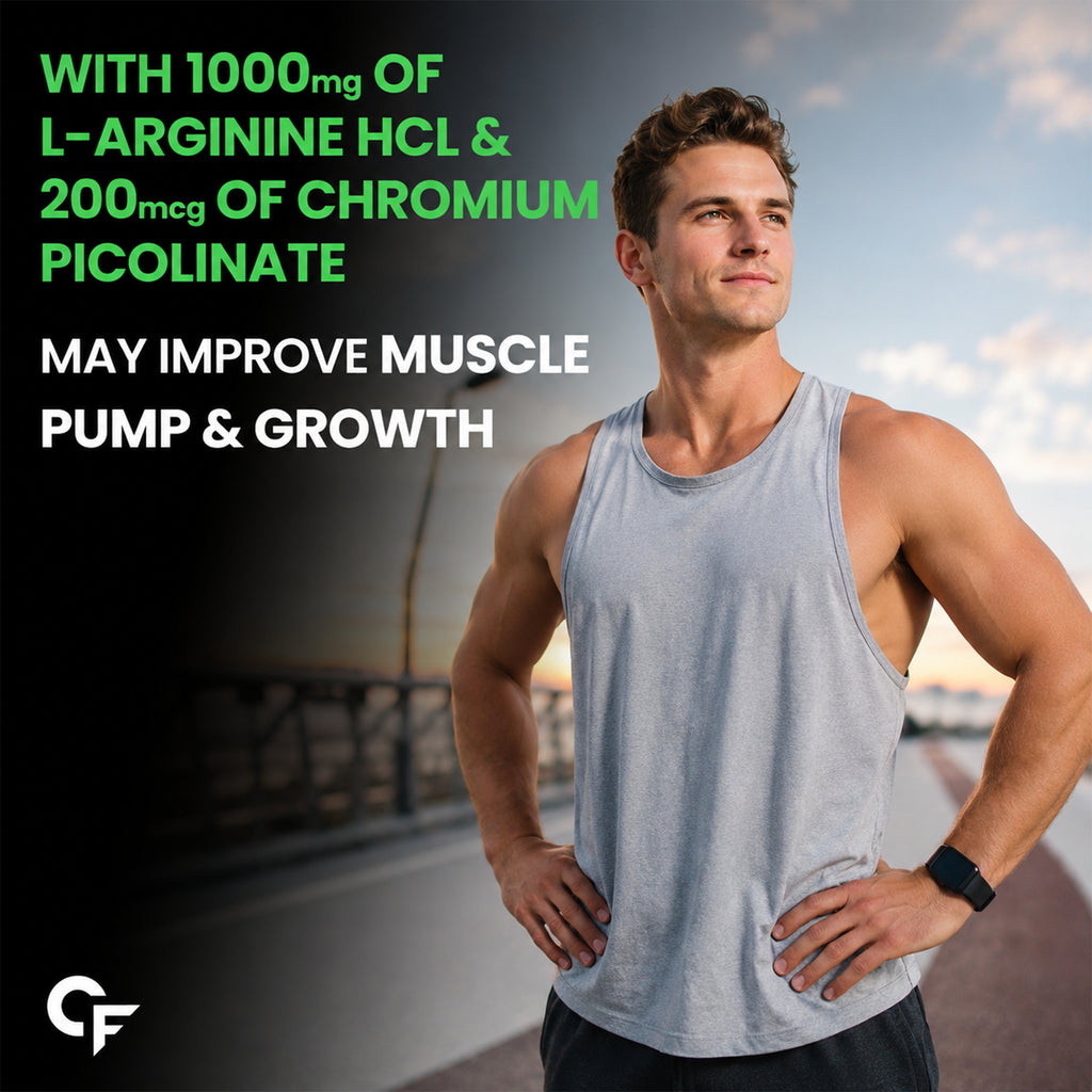 L-Arginine HCl 1000mg with Chromium Picolinate | Extra Strength Nitric Oxide & Endurance Support | Muscle Recovery & Energy | 120 Vegetarian Capsules