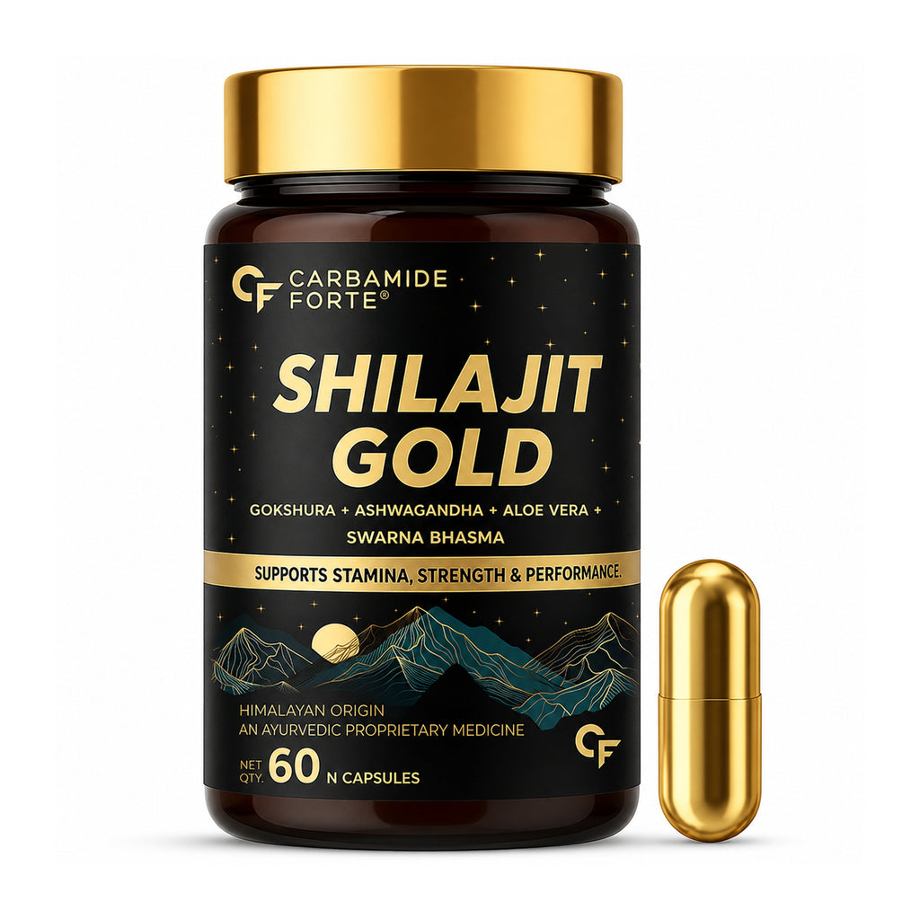 Shilajit Gold Capsules with Ashwagandha, Gokshura, Black Musli & Saffron | Himalayan Shilajit Ayurvedic Supplement | 60 Vegetarian Capsules