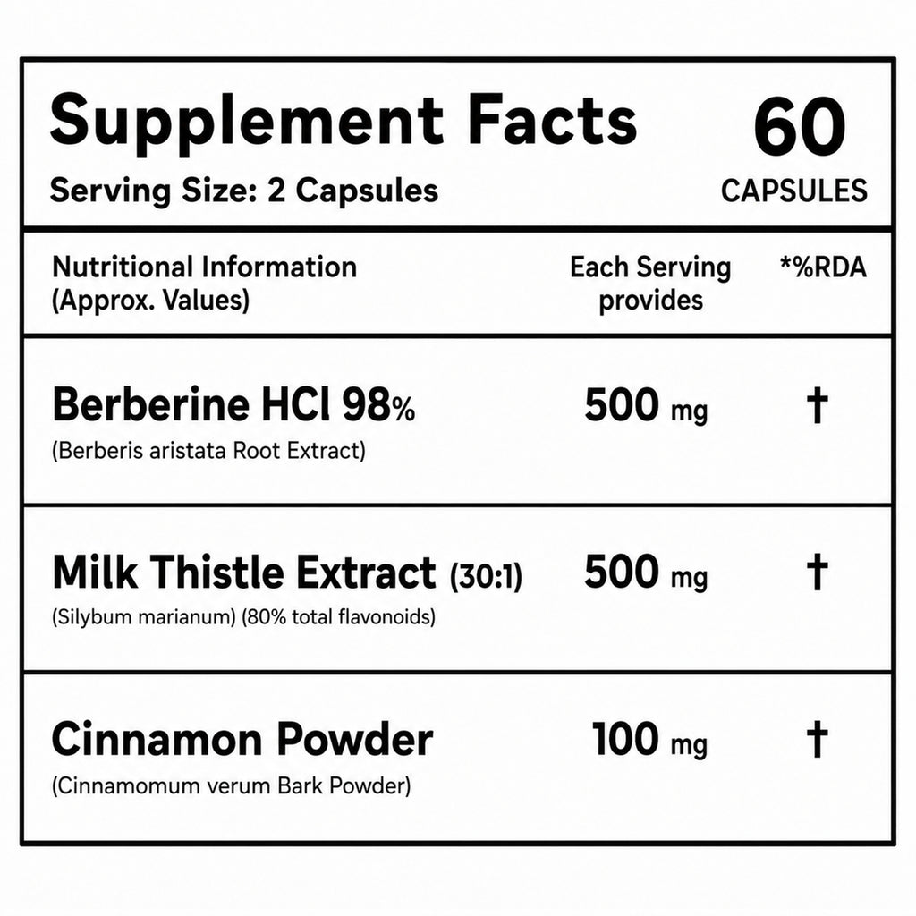 Berberine 1000mg with Milk Thistle & Cinnamon Capsules | 98% Berberine HCl | Metabolism, Liver, Digestion & Immune Support | 60 Capsules