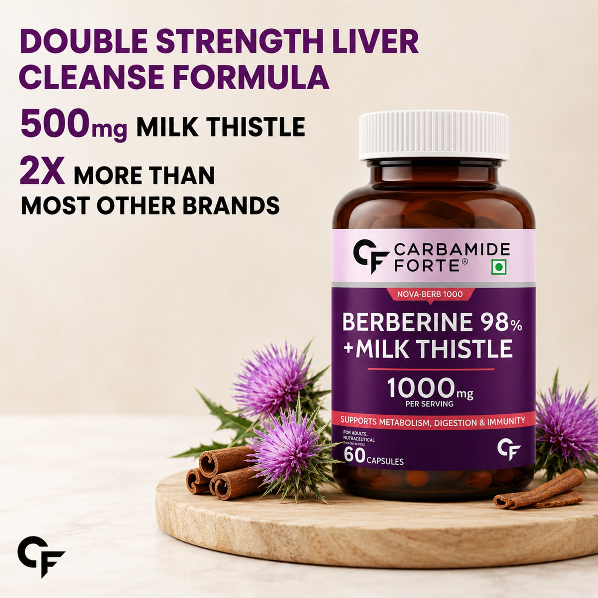 Berberine 1000mg with Milk Thistle & Cinnamon Capsules | 98% Berberine HCl | Metabolism, Liver, Digestion & Immune Support | 60 Capsules
