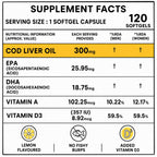 Cod Liver Oil 300mg Softgels with Omega-3 EPA DHA, Vitamin A & D3 | Heart, Joint & Eye Health Support | Molecularly Distilled | No Fishy Burps | Lemon Flavoured | 120 Softgels