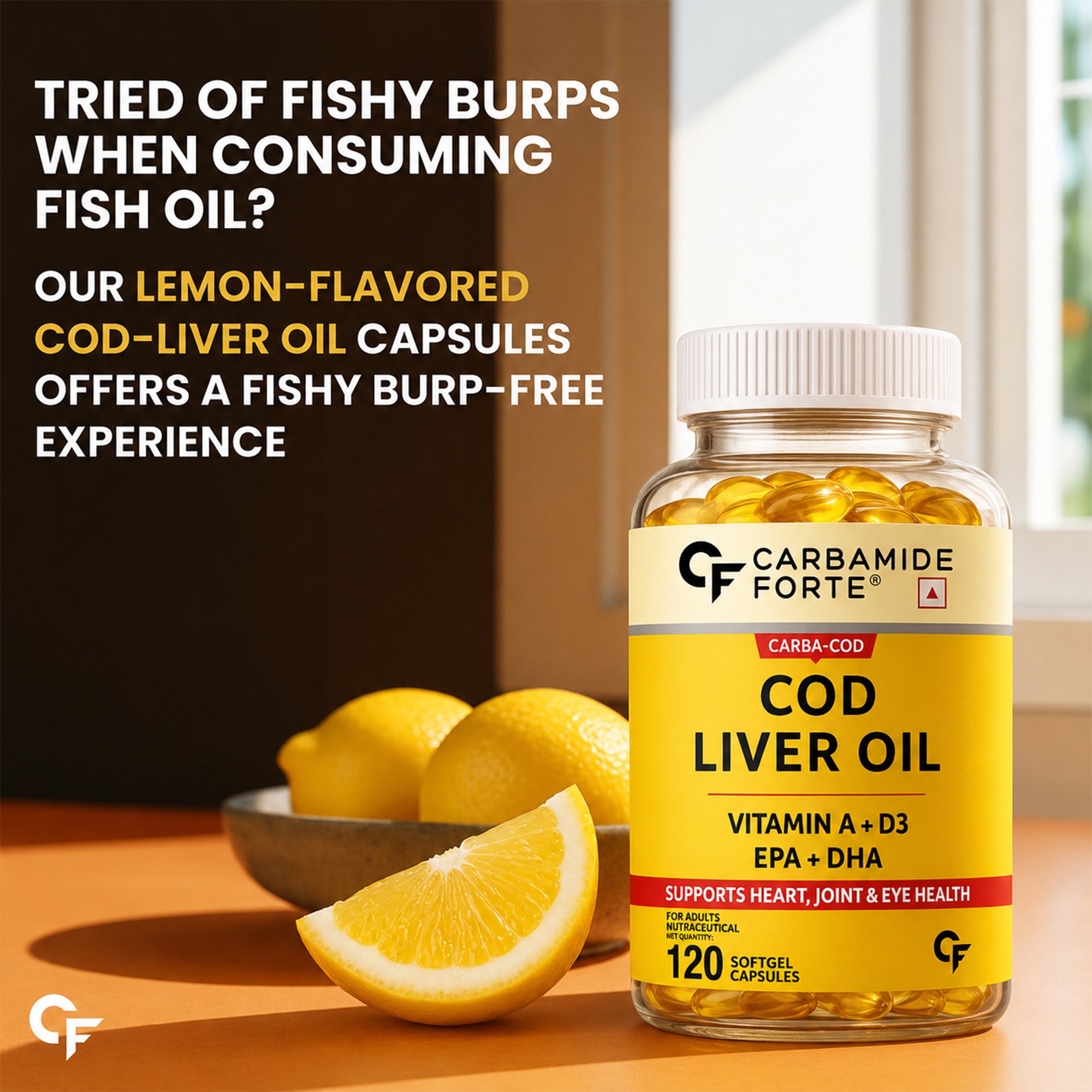 Cod Liver Oil 300mg Softgels with Omega-3 EPA DHA, Vitamin A & D3 | Heart, Joint & Eye Health Support | Molecularly Distilled | No Fishy Burps | Lemon Flavoured | 120 Softgels