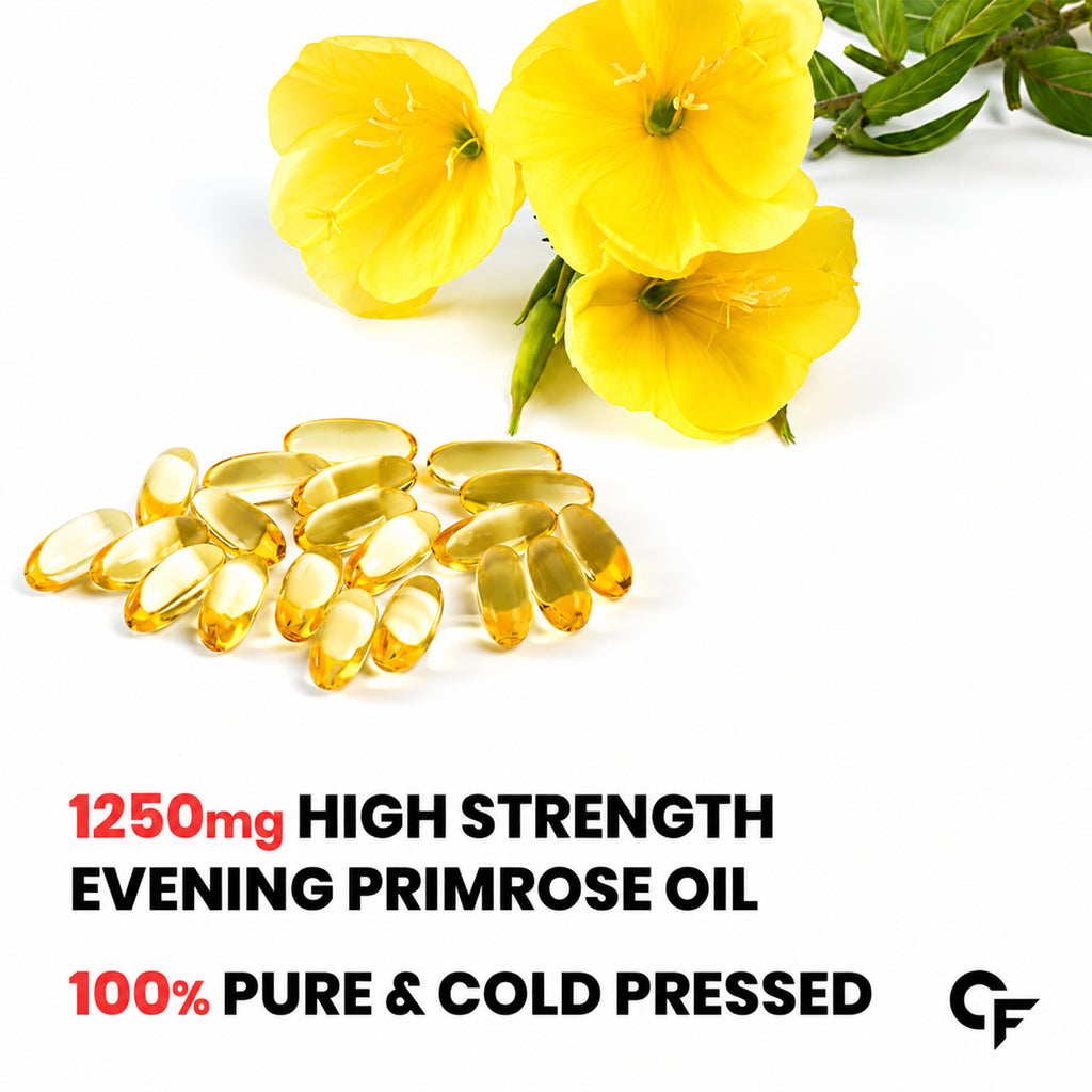Evening Primrose Oil 1250mg 10% GLA Cold Pressed Softgels | Women's Hormonal Balance, Skin & Hair Support | 60 Softgels