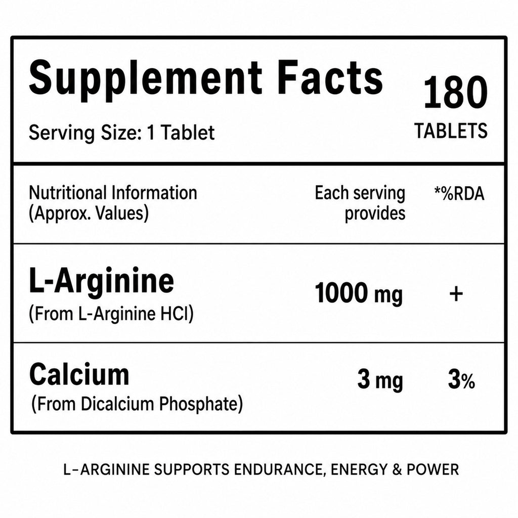 L-Arginine 1000mg Tablets | Nitric Oxide Booster for Endurance, Energy & Workout Performance | 180 Tablets | 6-Month Supply