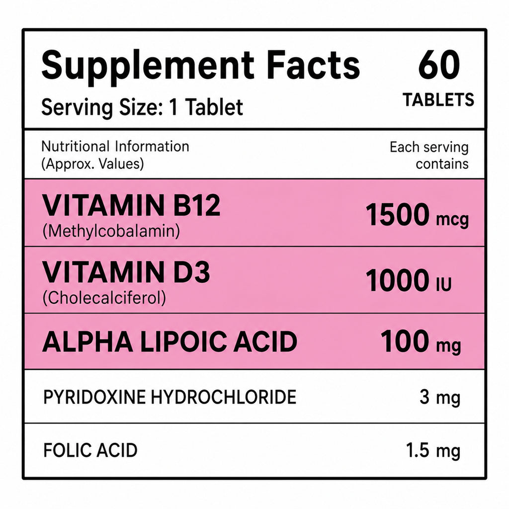 Vitamin B12 1500mcg + Vitamin D3 1000 IU Tablets | Methylcobalamin with Alpha Lipoic Acid, Vitamin B6 & Folic Acid | High Strength Daily Supplement | 60 Tablets