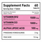 Vitamin B12 1500mcg + Vitamin D3 1000 IU Tablets | Methylcobalamin with Alpha Lipoic Acid, Vitamin B6 & Folic Acid | High Strength Daily Supplement | 60 Tablets