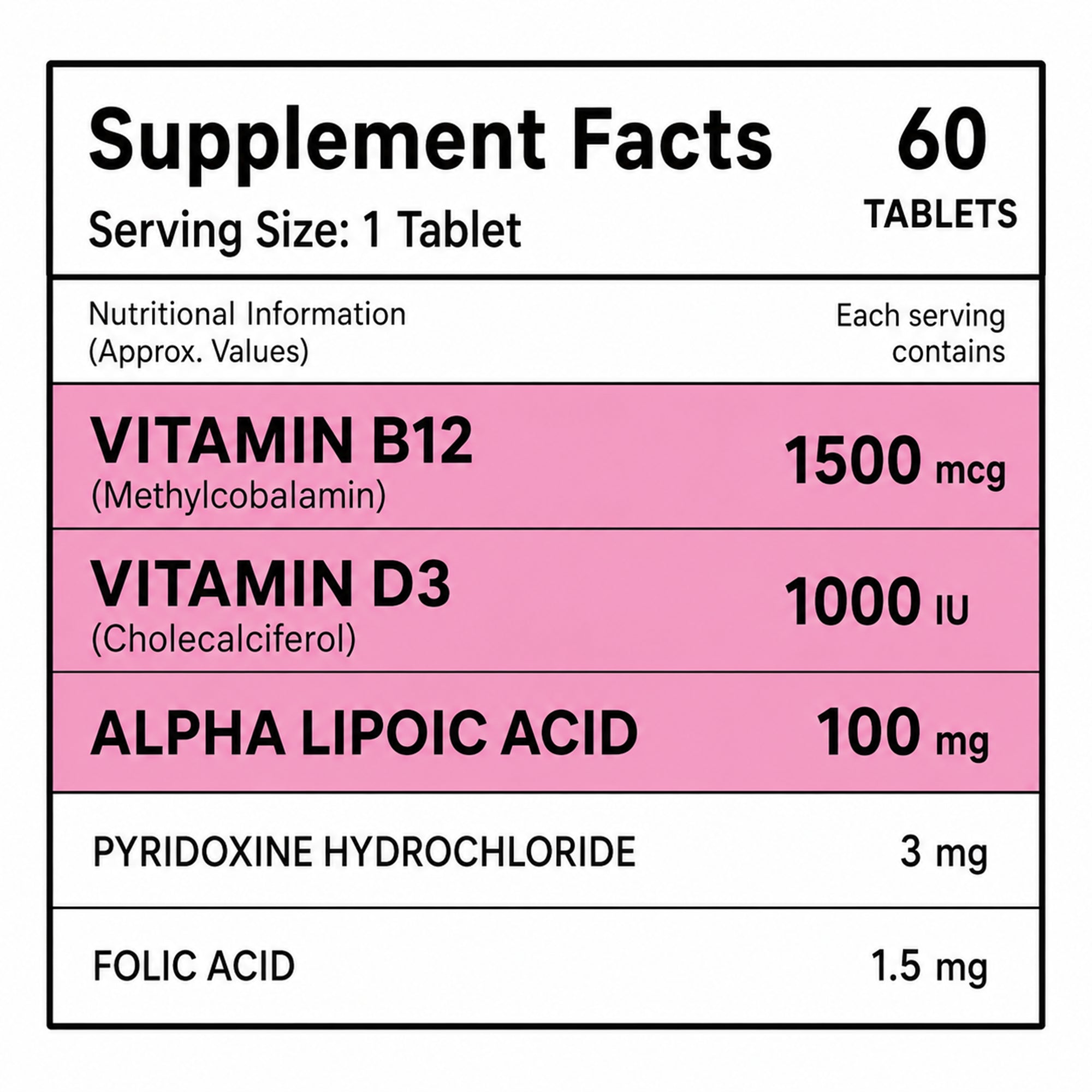 Vitamin B12 1500mcg + Vitamin D3 1000 IU Tablets | Methylcobalamin with Alpha Lipoic Acid, Vitamin B6 & Folic Acid | High Strength Daily Supplement | 60 Tablets