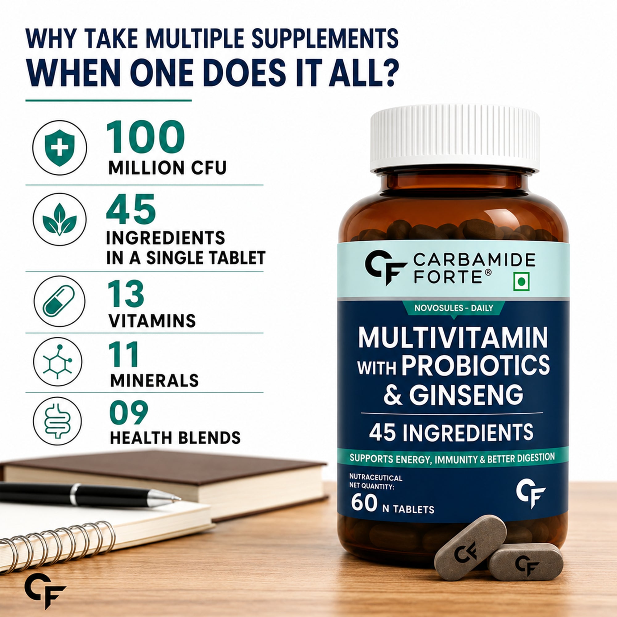 Men's Multivitamin Tablets with 45 Nutrients, 9 Functional Blends, Probiotics & Korean Ginseng | Daily Vitamins & Minerals for Energy, Immunity, Brain & Bone Support | 60 Tablets
