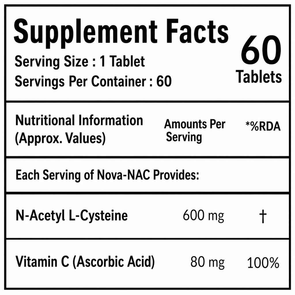NAC 600mg with Vitamin C 80mg Tablets | N-Acetyl L-Cysteine Supplement for Antioxidant, Immune, Lung & Skin Support | 60 Vegetarian Tablets