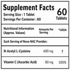 NAC 600mg with Vitamin C 80mg Tablets | N-Acetyl L-Cysteine Supplement for Antioxidant, Immune, Lung & Skin Support | 60 Vegetarian Tablets