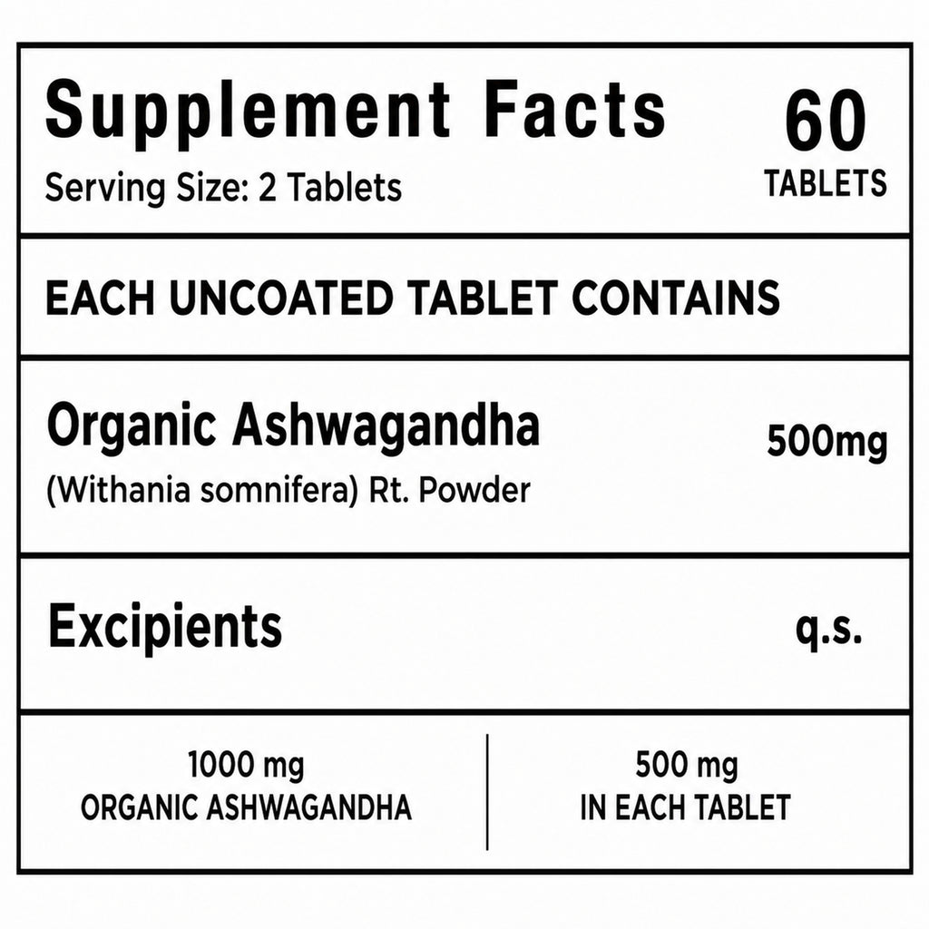 Organic Ashwagandha 1000mg Tablets with Chromium Picolinate | 60 Tablets | Stress, Energy, Focus & Muscle Recovery Support