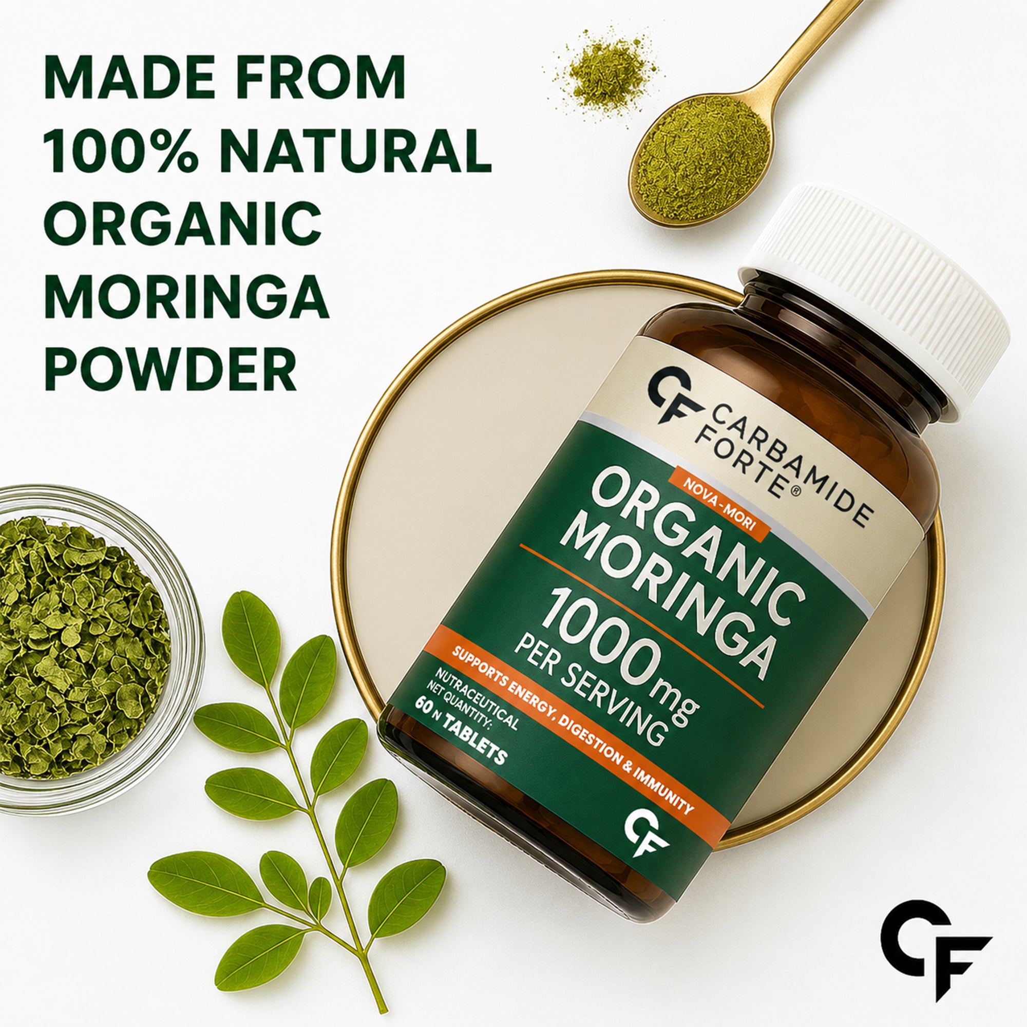 Organic Moringa Tablets 1000mg with Chromium Picolinate | Vegan Moringa Oleifera Leaf Supplement | Antioxidant, Energy, Immune & Metabolism Support | 60 Tablets