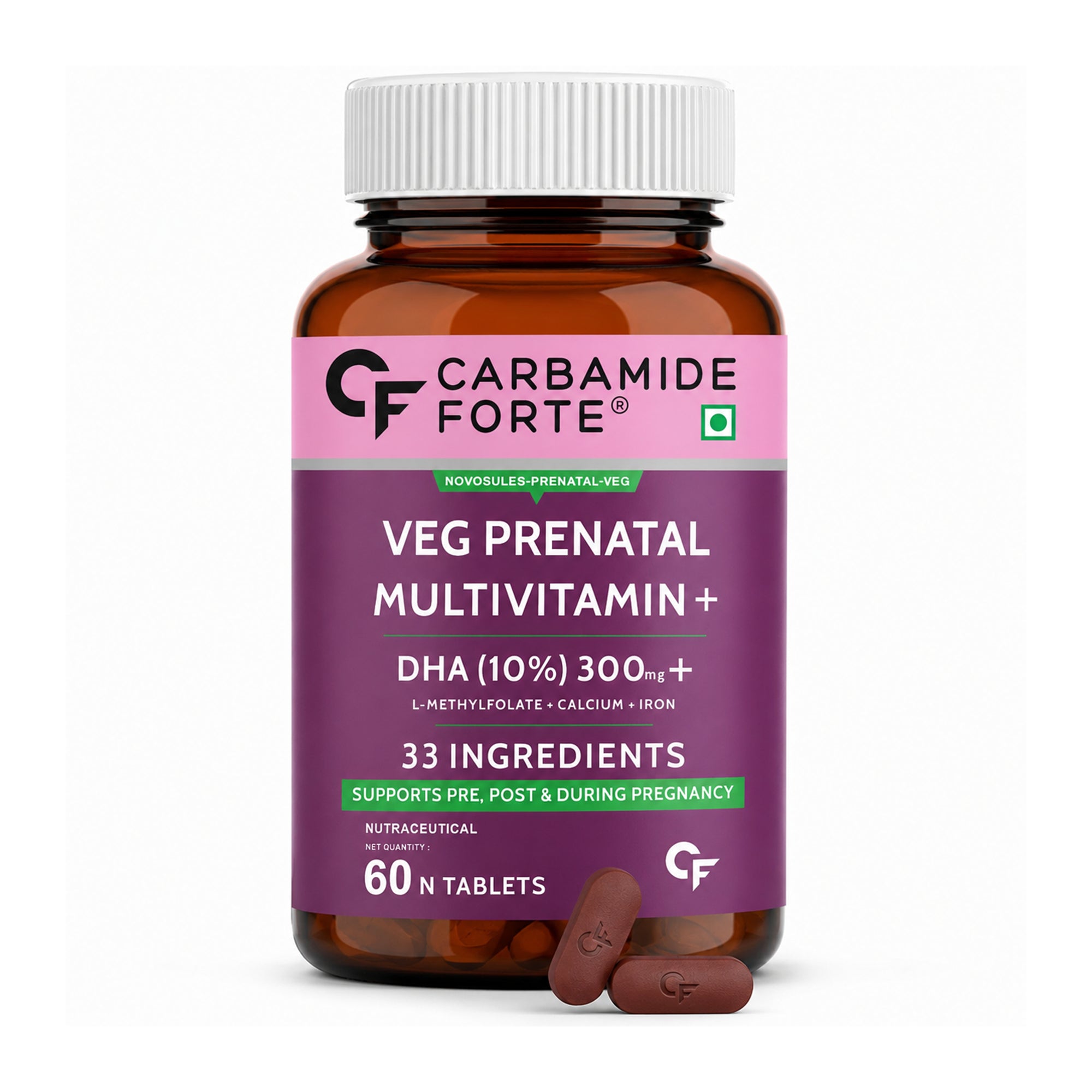 Prenatal Multivitamin with 300mg Vegan DHA, L-Methylfolate, Iron, Calcium, Probiotics & Prebiotics | 33 Essential Nutrients | 60 Vegetarian Tablets