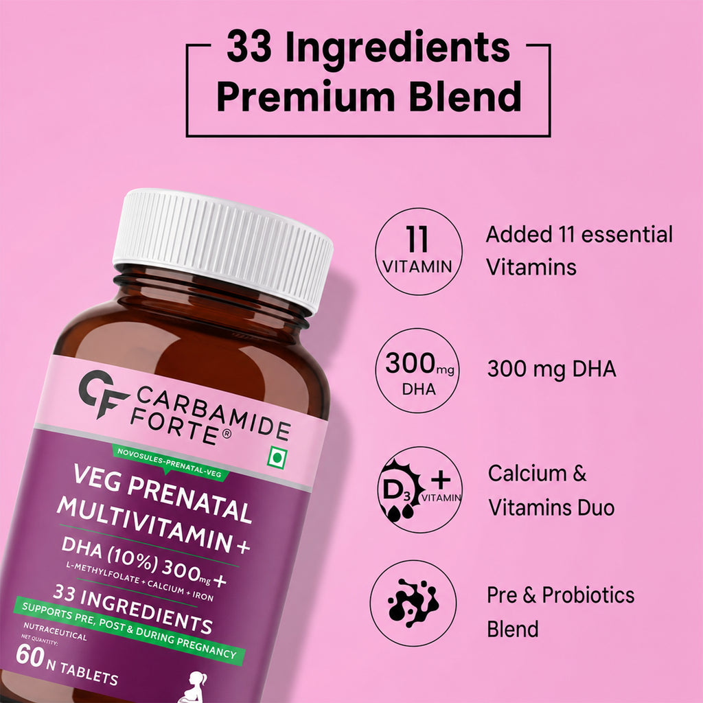 Prenatal Multivitamin with 300mg Vegan DHA, L-Methylfolate, Iron, Calcium, Probiotics & Prebiotics | 33 Essential Nutrients | 60 Vegetarian Tablets
