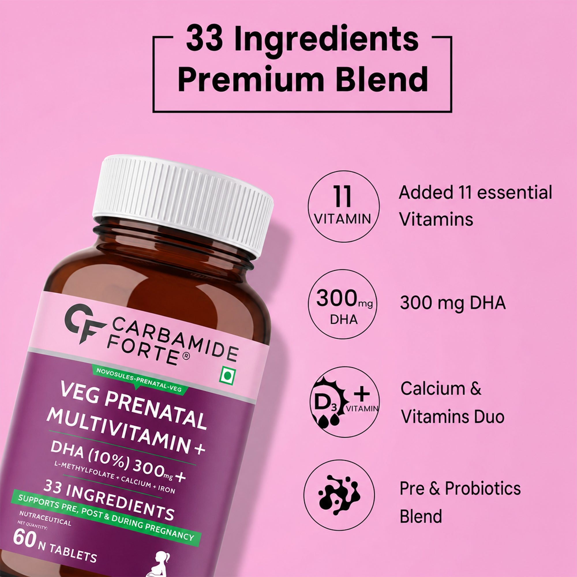 Prenatal Multivitamin with 300mg Vegan DHA, L-Methylfolate, Iron, Calcium, Probiotics & Prebiotics | 33 Essential Nutrients | 60 Vegetarian Tablets