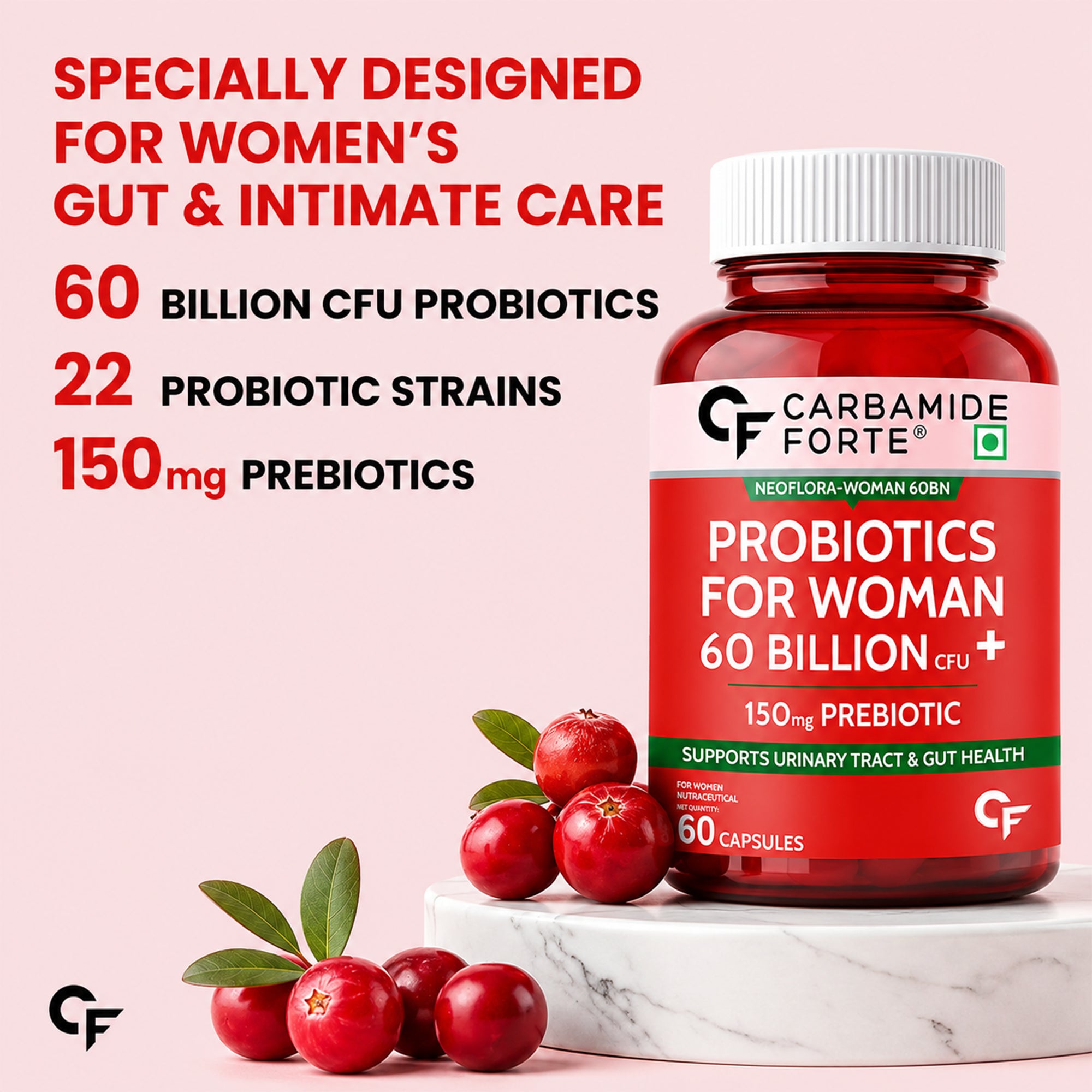 Women's Probiotic 60 Billion CFU with 22 Strains, Prebiotic, Cranberry & D-Mannose | Gut, Digestive & Vaginal Health Support | 60 Capsules