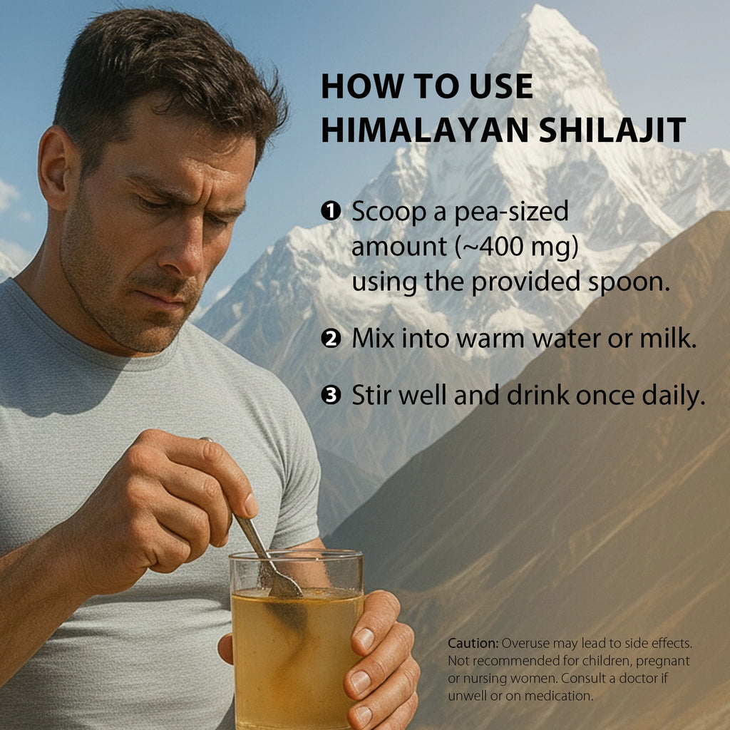 How to use Himalayan shilajit resin man stirring 400mg pea-sized amount into warm water with Himalayan mountain backdrop step by step instructions