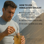 How to use Himalayan shilajit resin man stirring 400mg pea-sized amount into warm water with Himalayan mountain backdrop step by step instructions